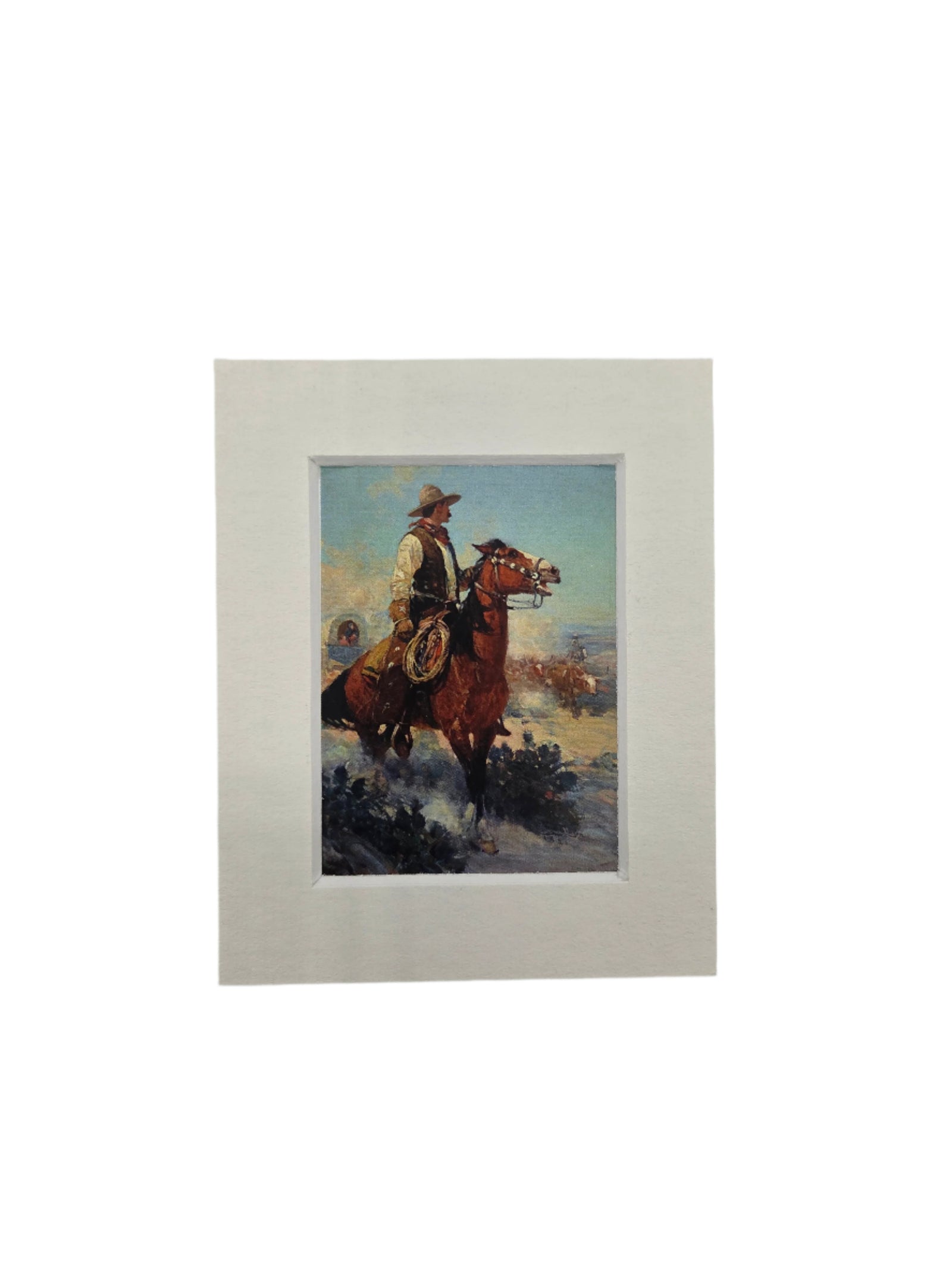 Small framed painting of a horse and rider on a gray background