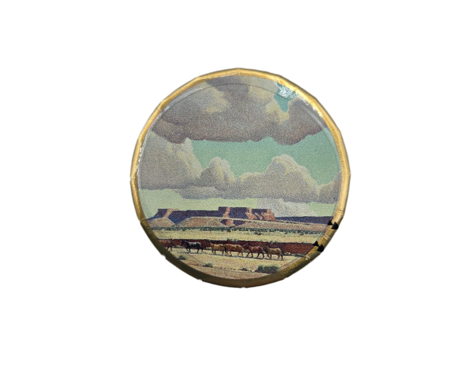 Round mint tin with Wide Lands of the Navajo painting