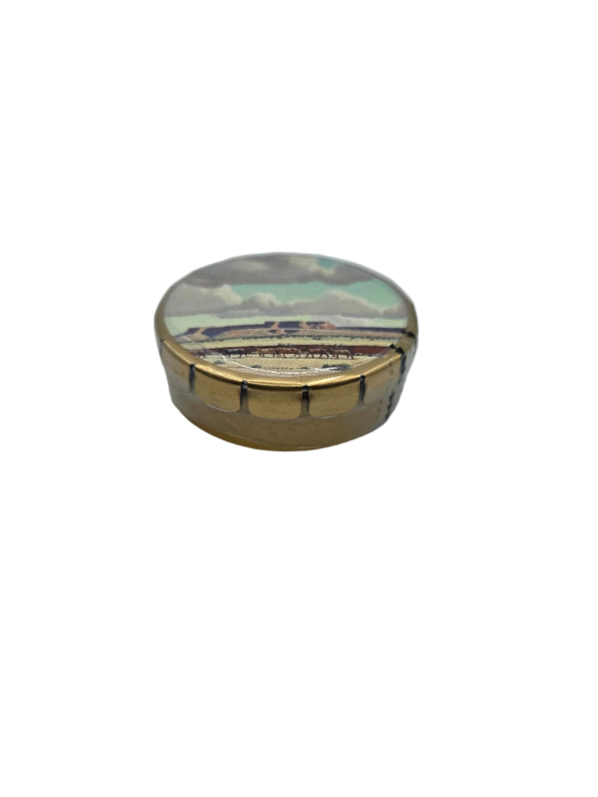 side view of mint tin with wide lands of the navajo painting