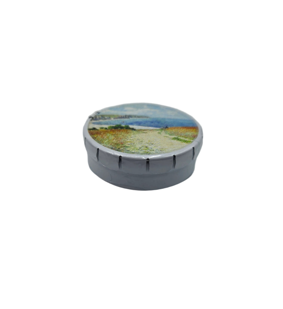 Side view of mint tin with Monet&#39;s path in the wheatfield painting