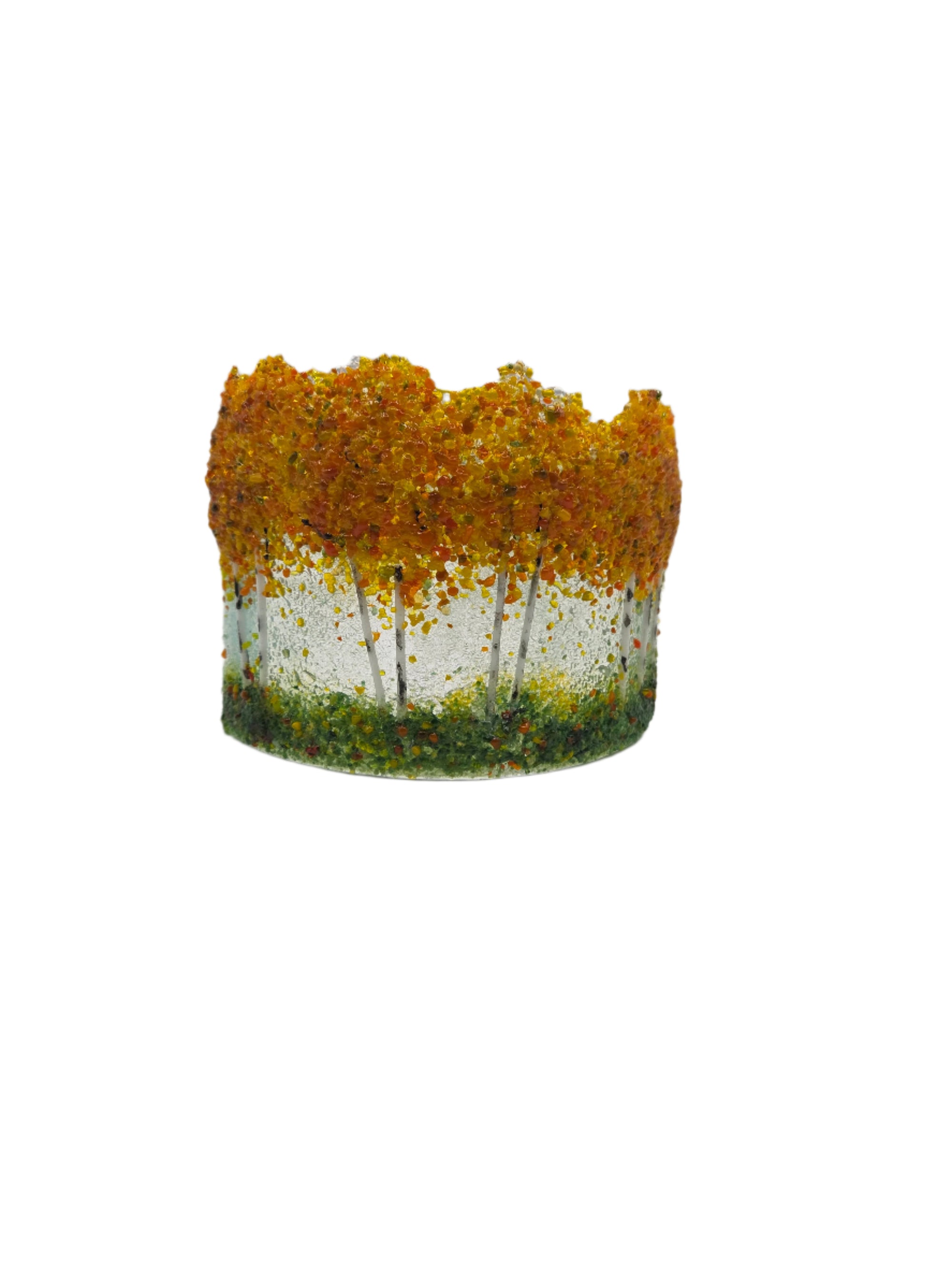 Decorative glass with orange trees on a white background