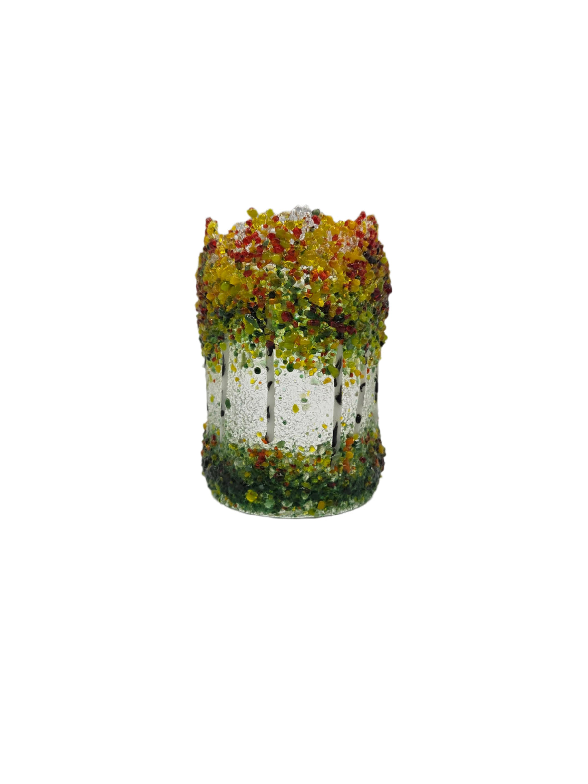 Decorative glass with yellow and green trees on a white background