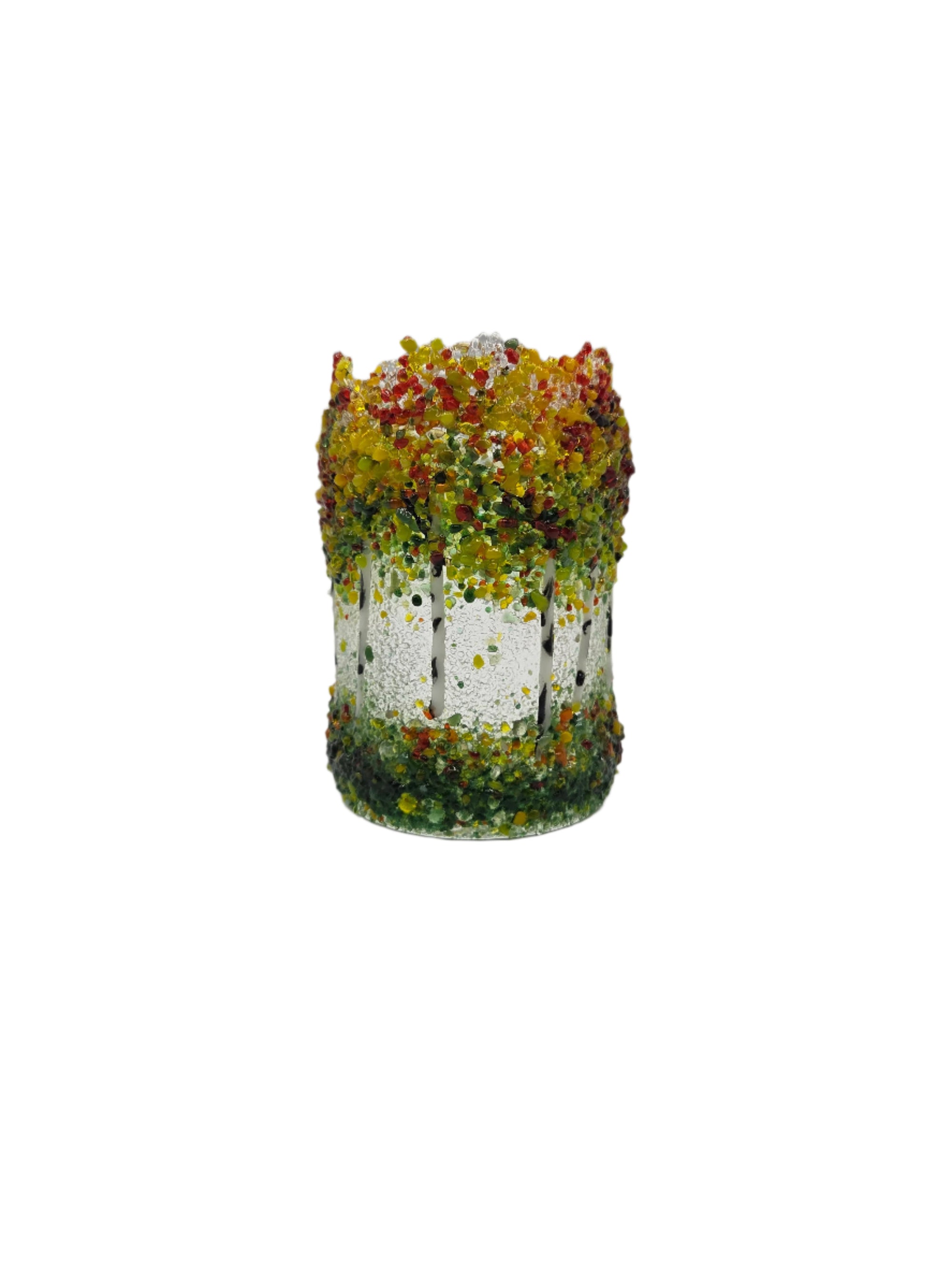 Decorative glass with yellow and green trees on a white background