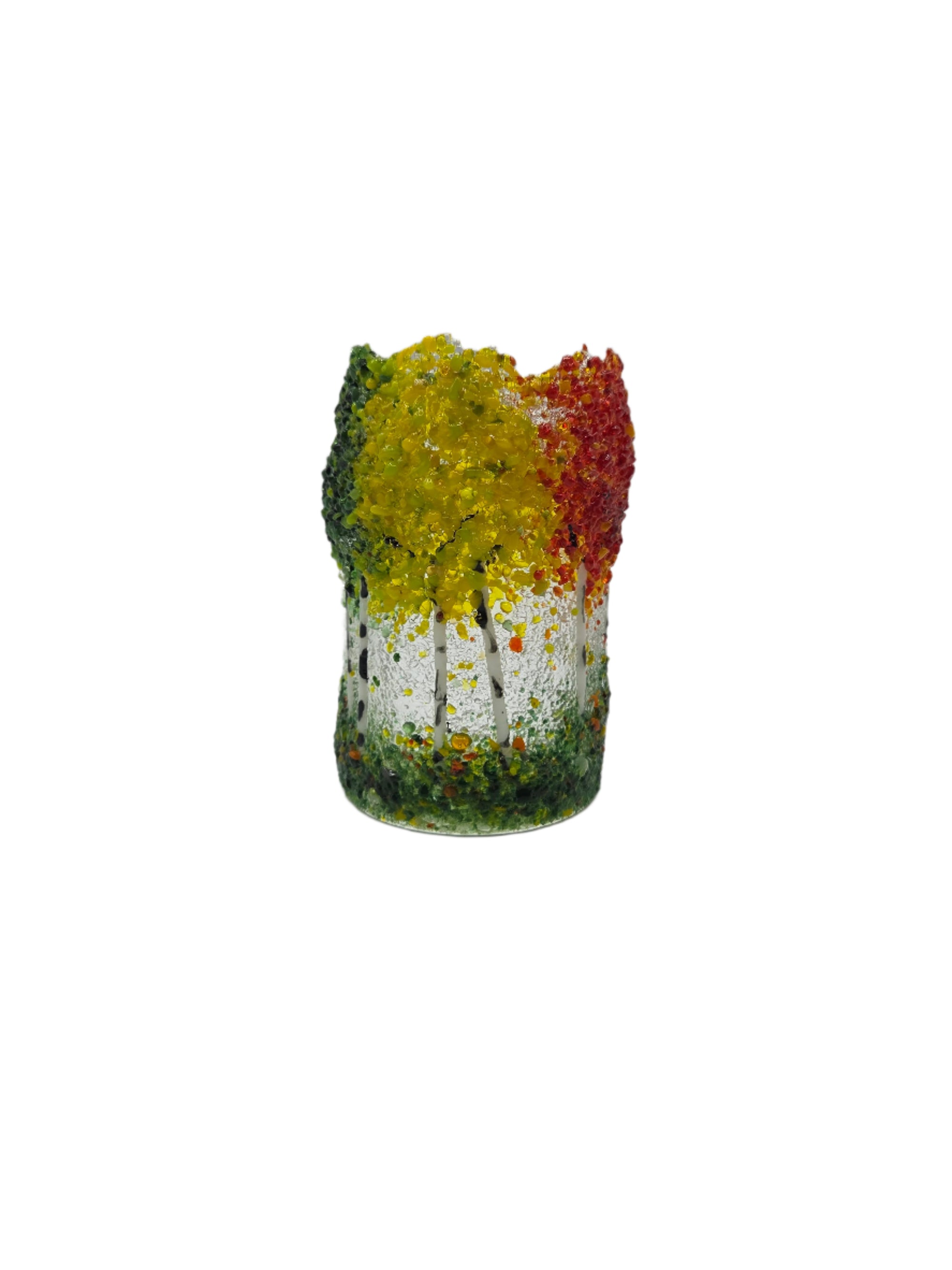 Decorative glass with green, yellow and red trees on a white background