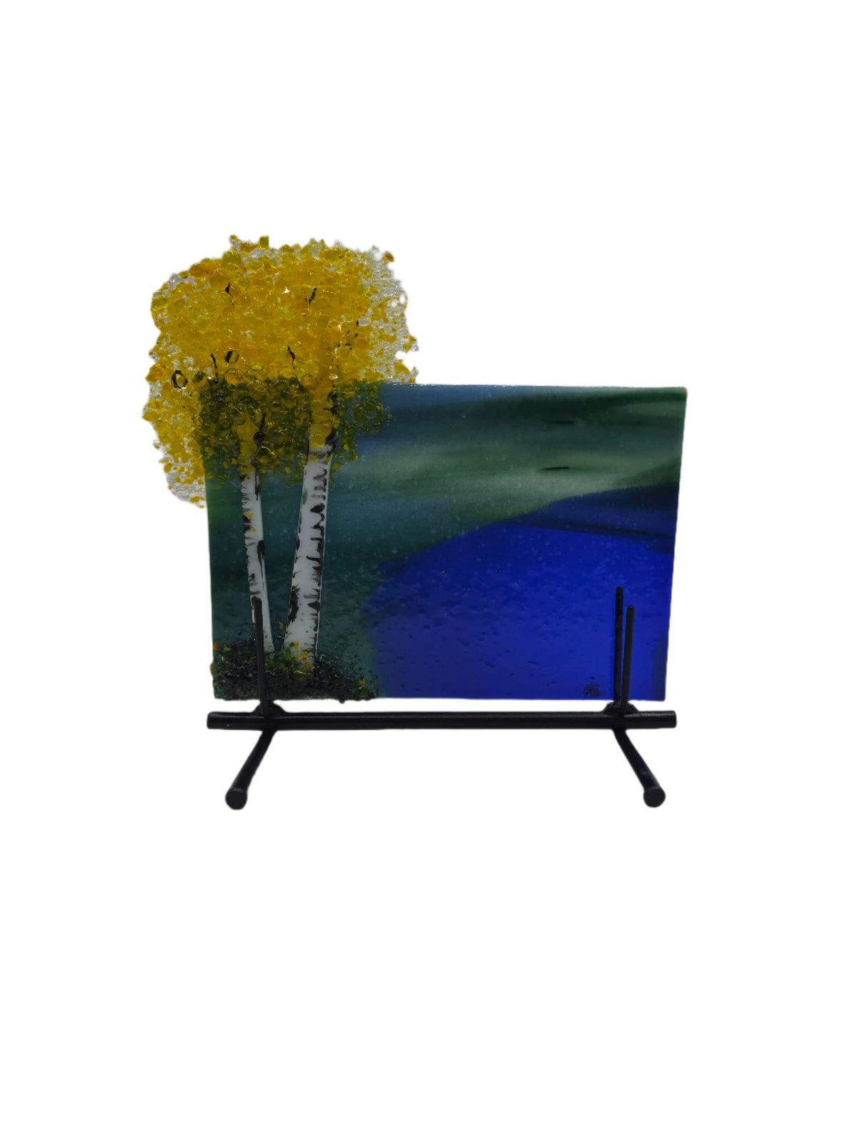 Decorative glass with yellow trees on a blue lake