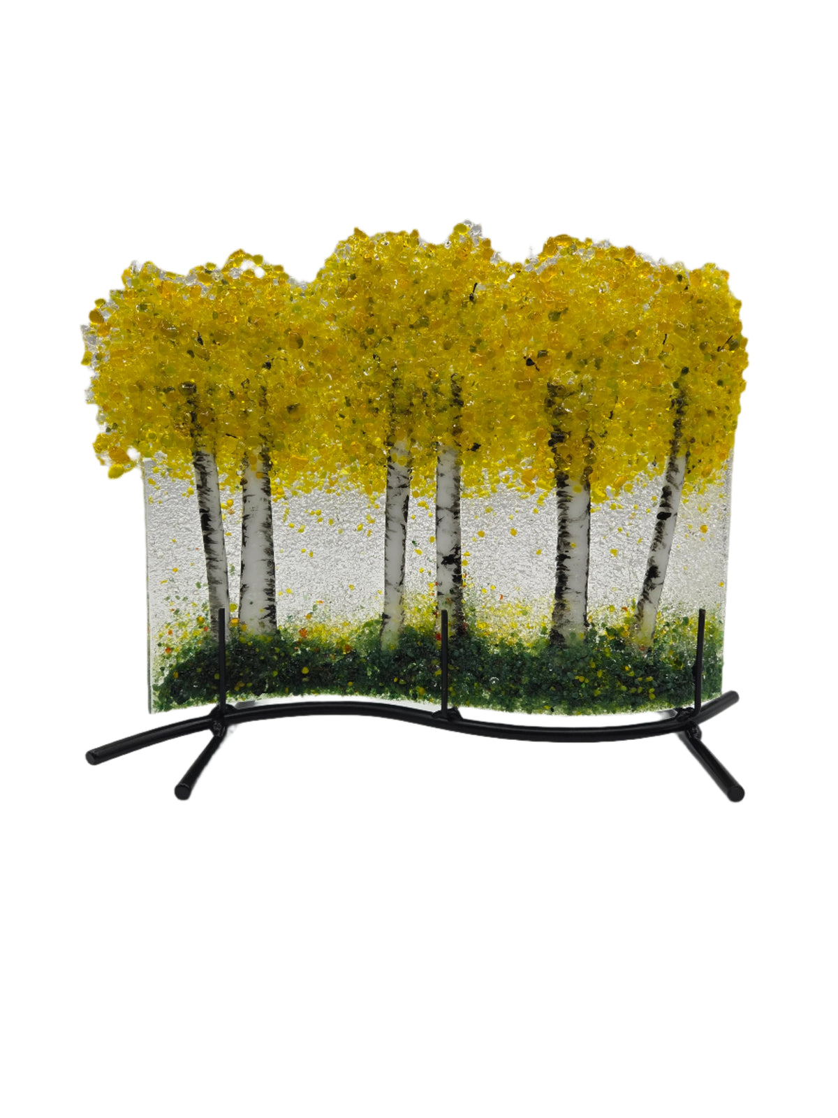 Decorative glass panel with yellow trees on a white background