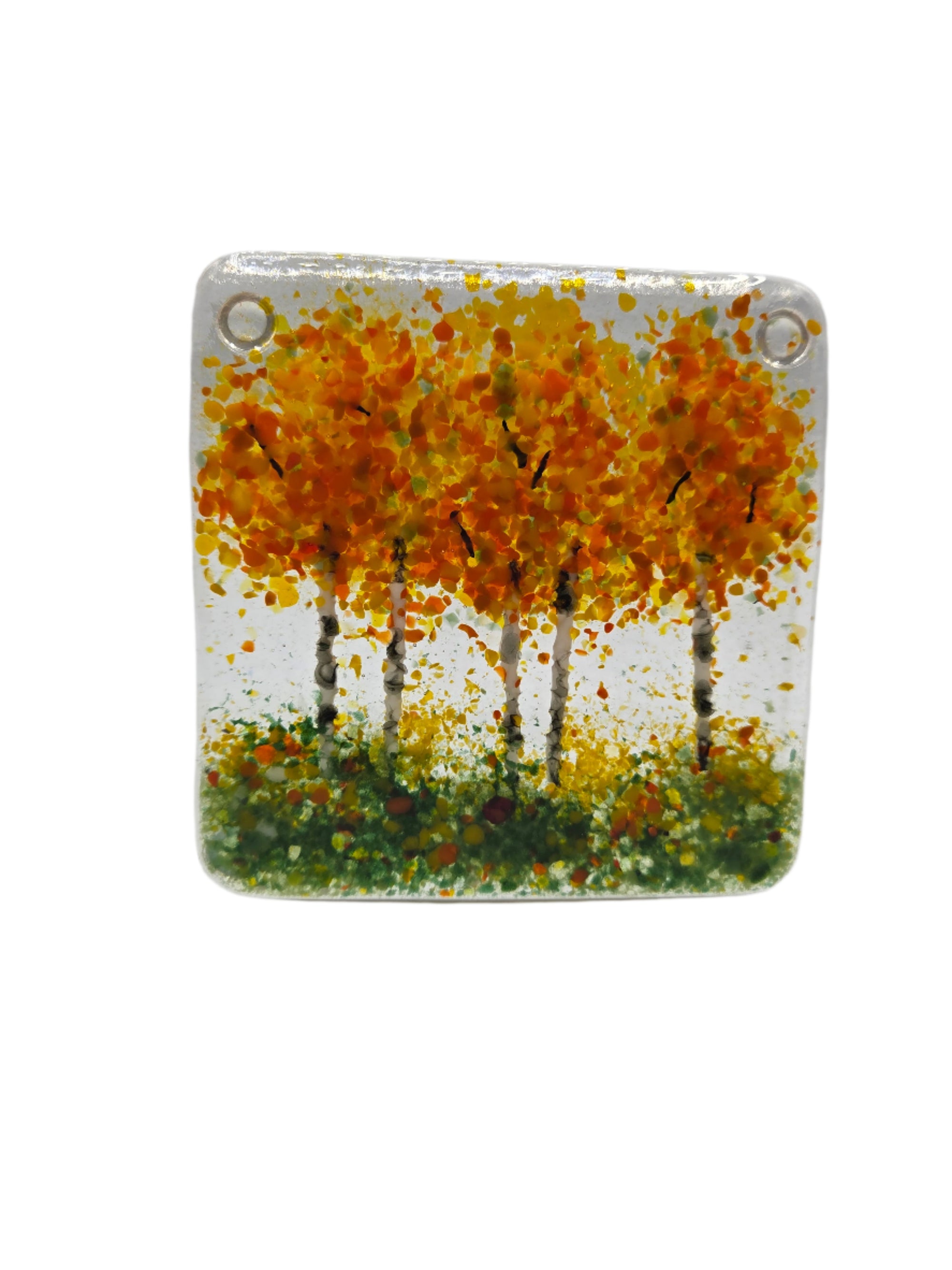 Square glass coaster with tree design in orange on a white background