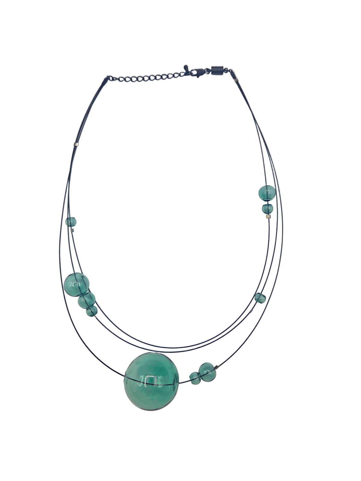 Necklace with aqua glass beads on a white background