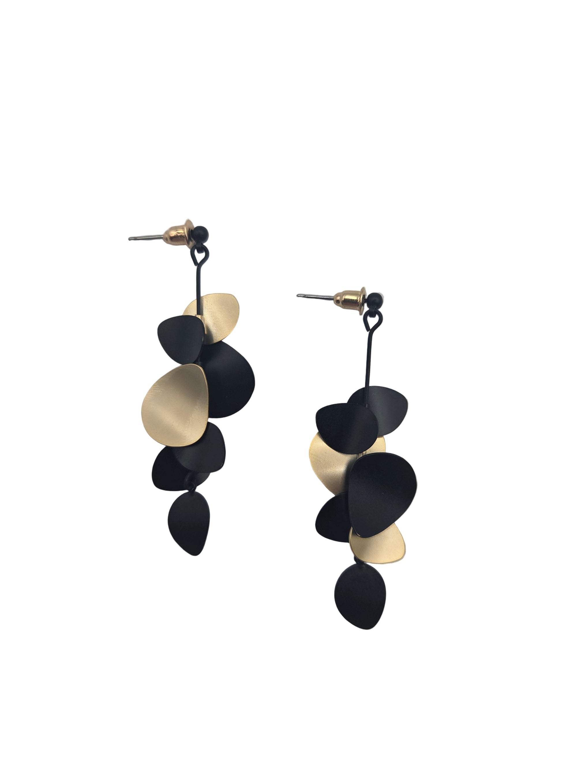 Black and gold earrings on a gray background