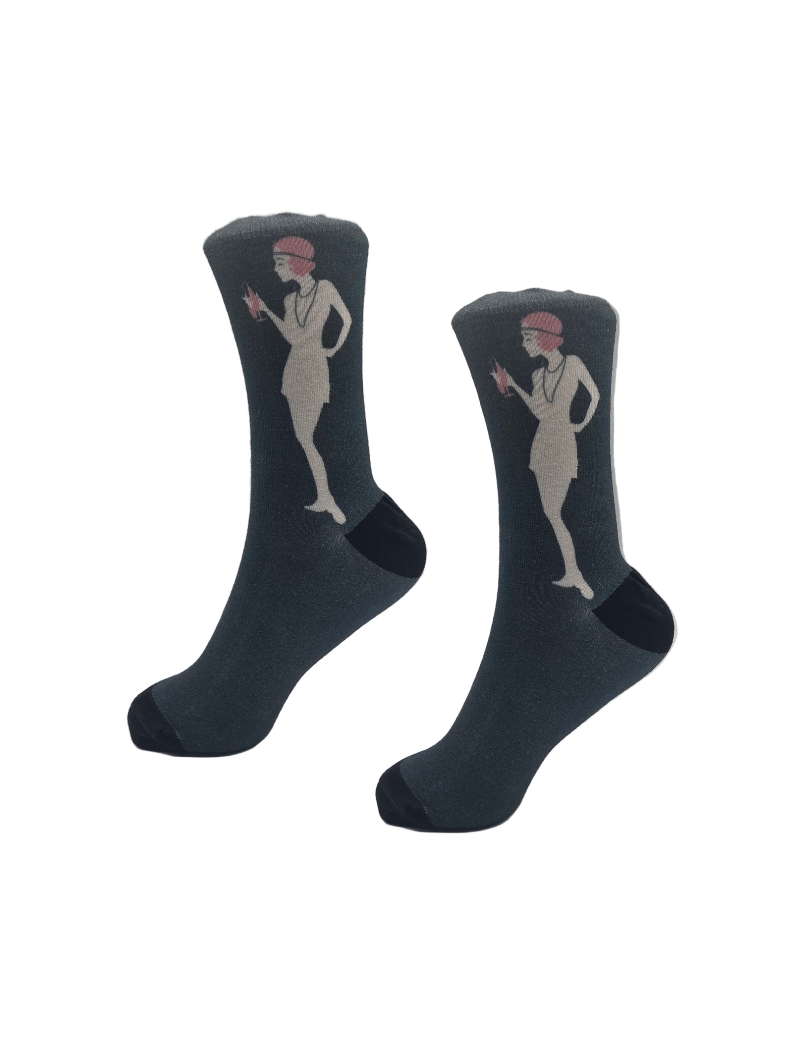 Dark green socks with a graphic of a woman in a vintage outfit on a white background