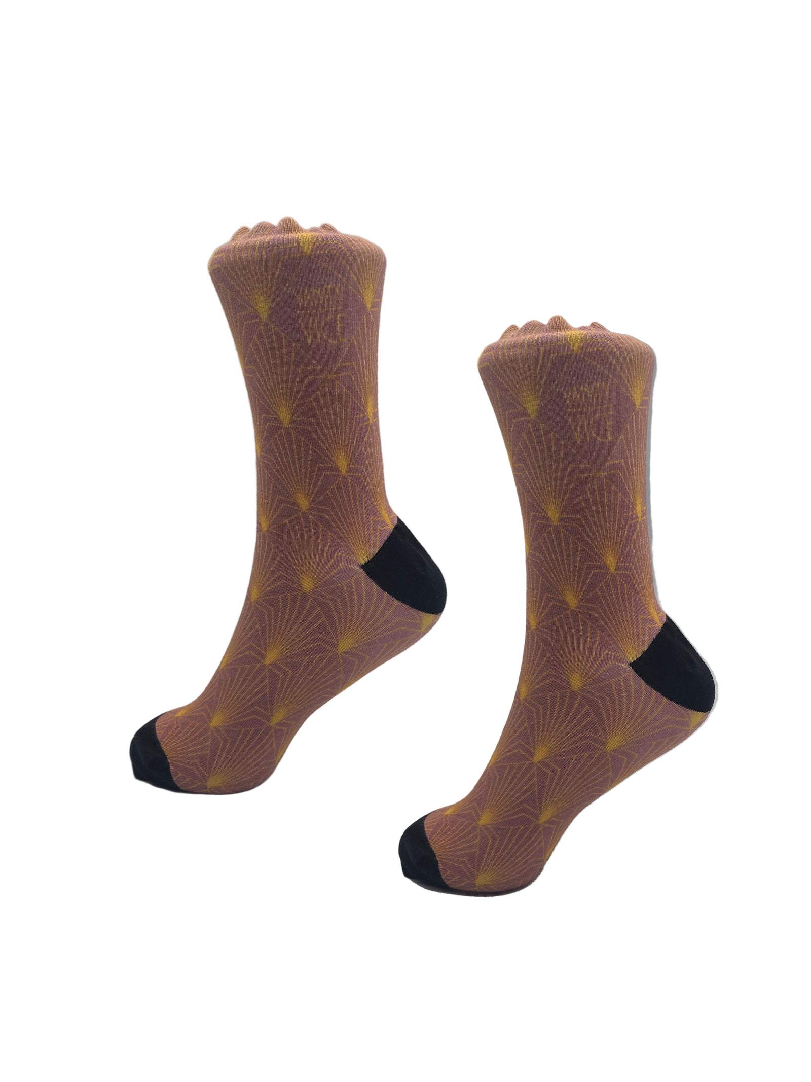 Pair of pink socks with a geometric pattern on a white background