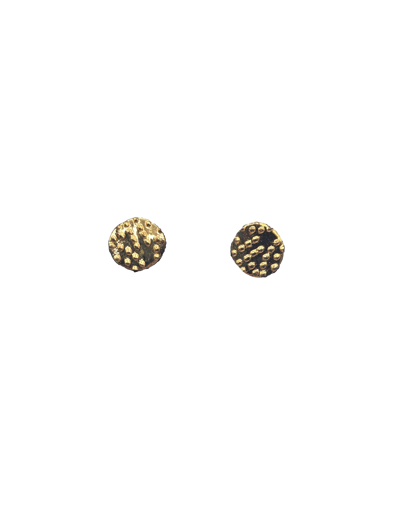 Gold round earrings with a white background