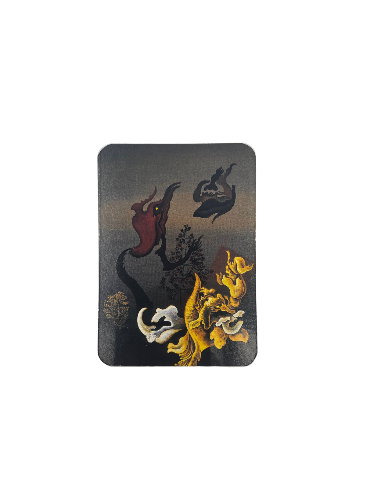 playing cards with red, yellow and white abstract creatures on a grey smoky background