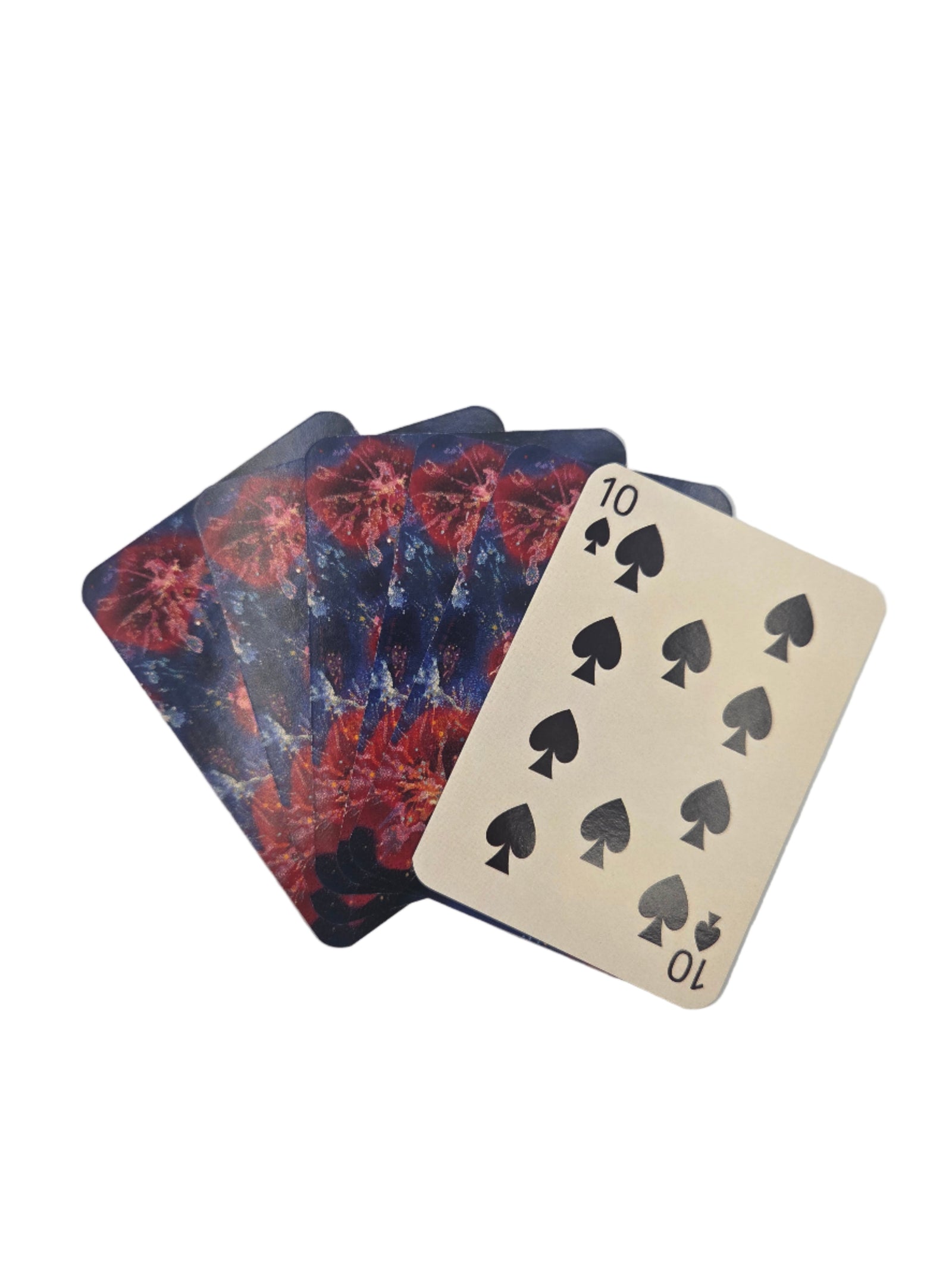 Playing cards with a red and blue floral pattern on a white background