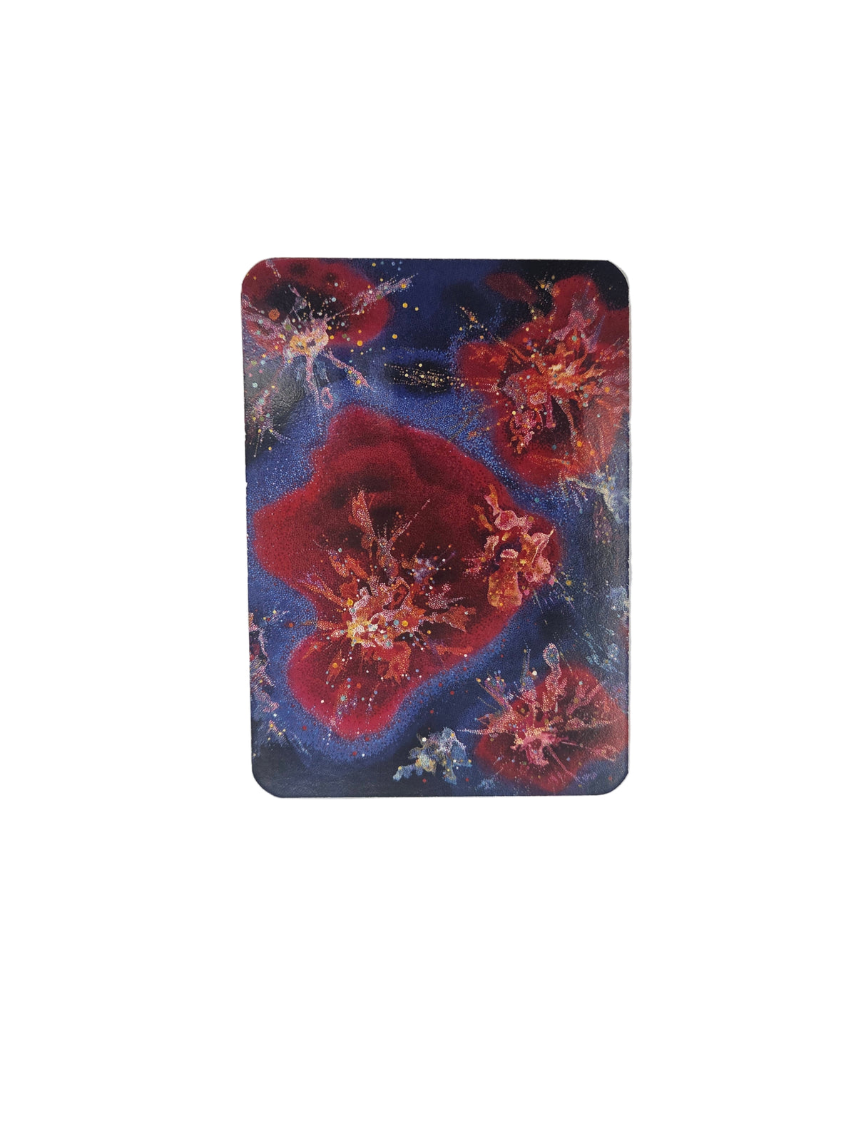 Card with red explosive design on a blue background, placed on a light gray surface.