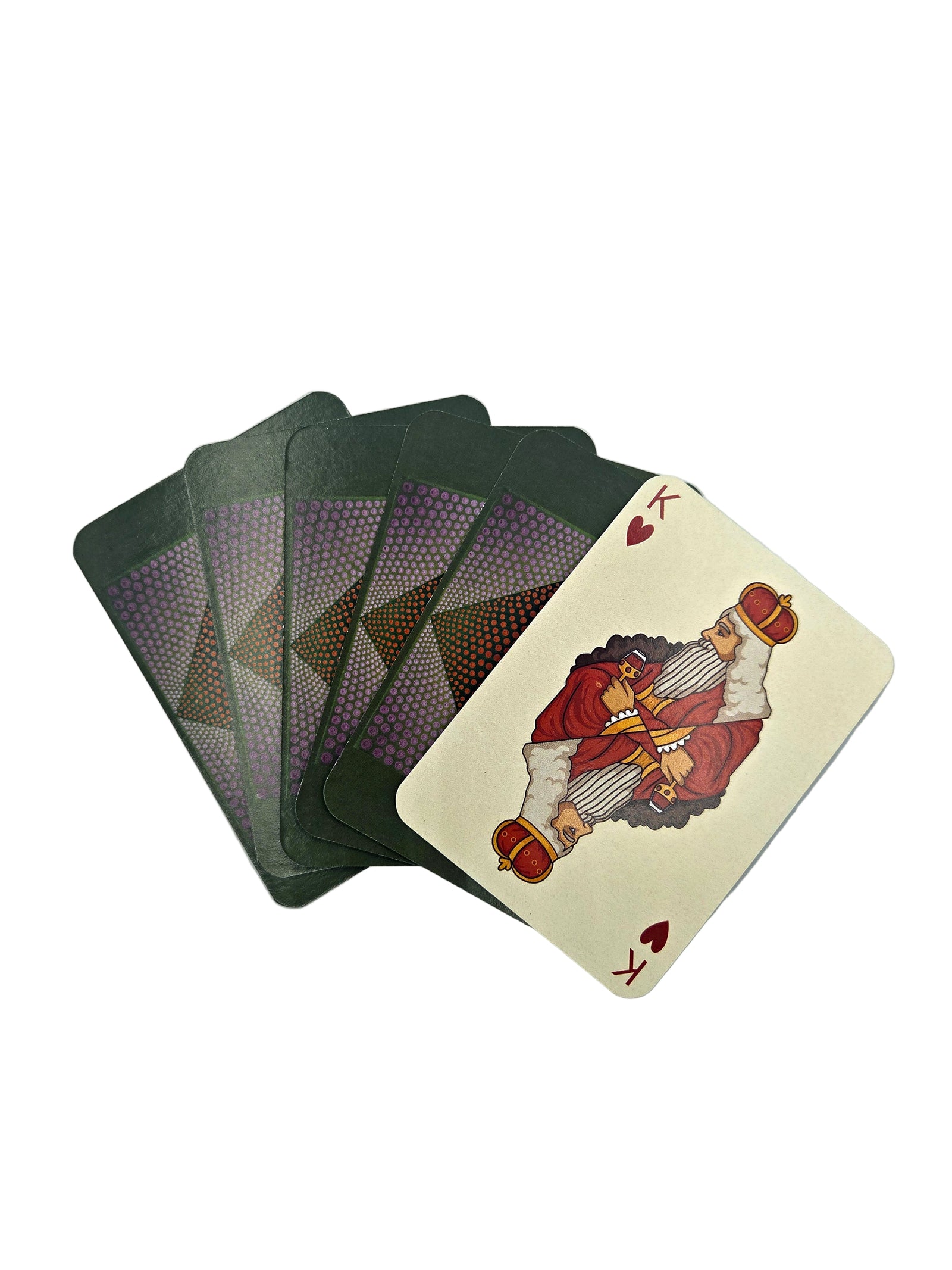 Set of black and purple playing cards with a King of Hearts card on a light gray background