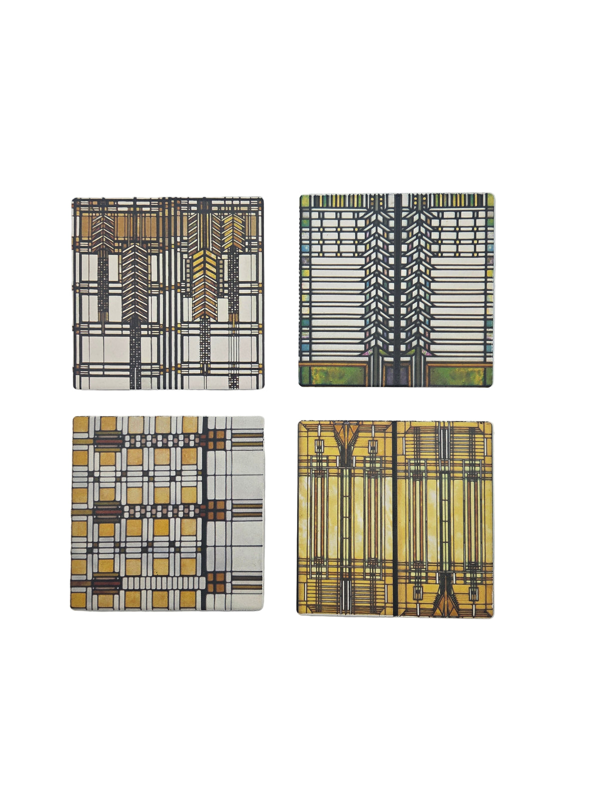 Four decorative coasters with geometric patterns