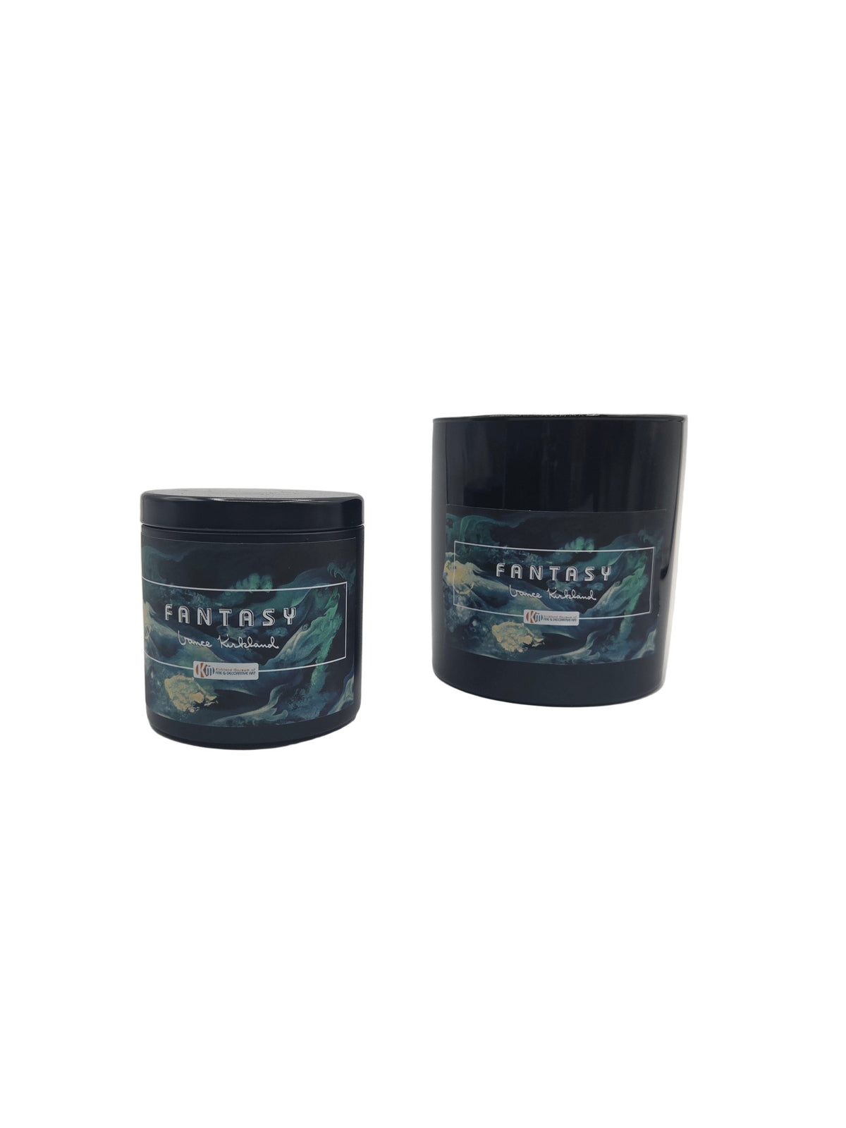 Two Candles labeled &#39;Fantasy&#39; on a light gray background