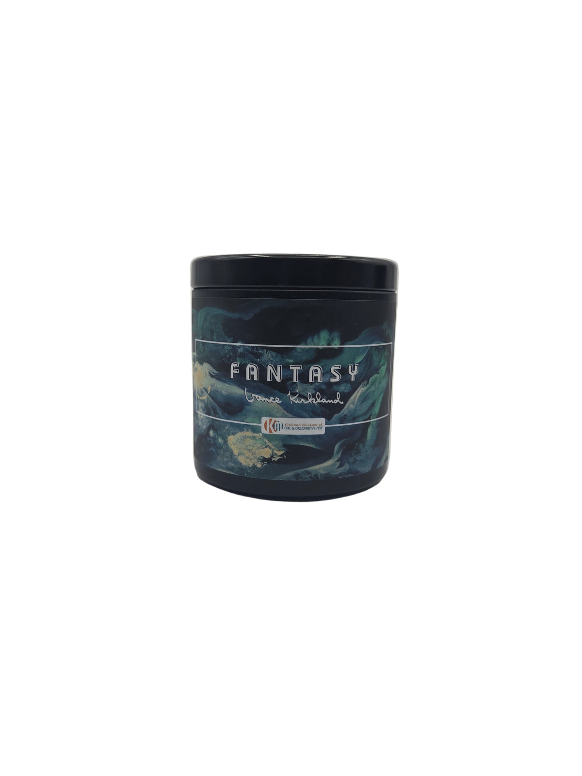Candle labeled &#39;Fantasy&#39; on a light gray background