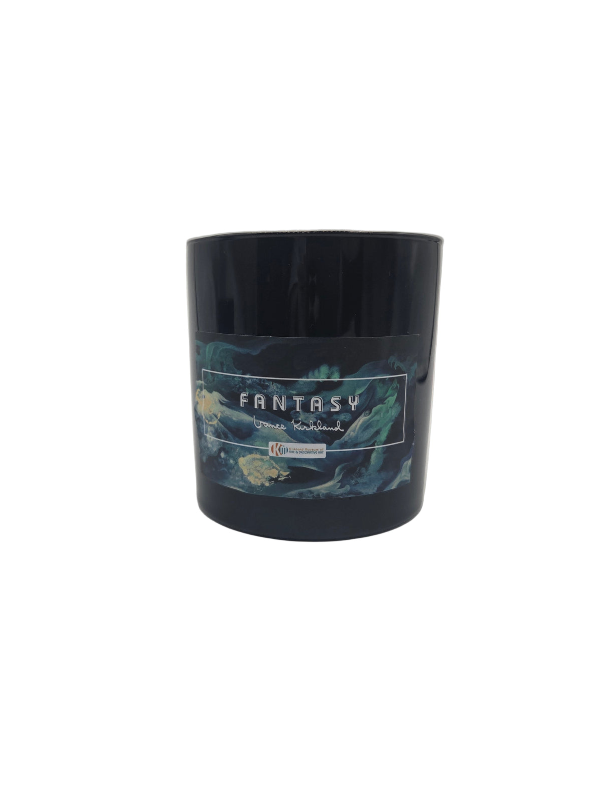 Candle labeled &#39;Fantasy&#39; on a light gray background