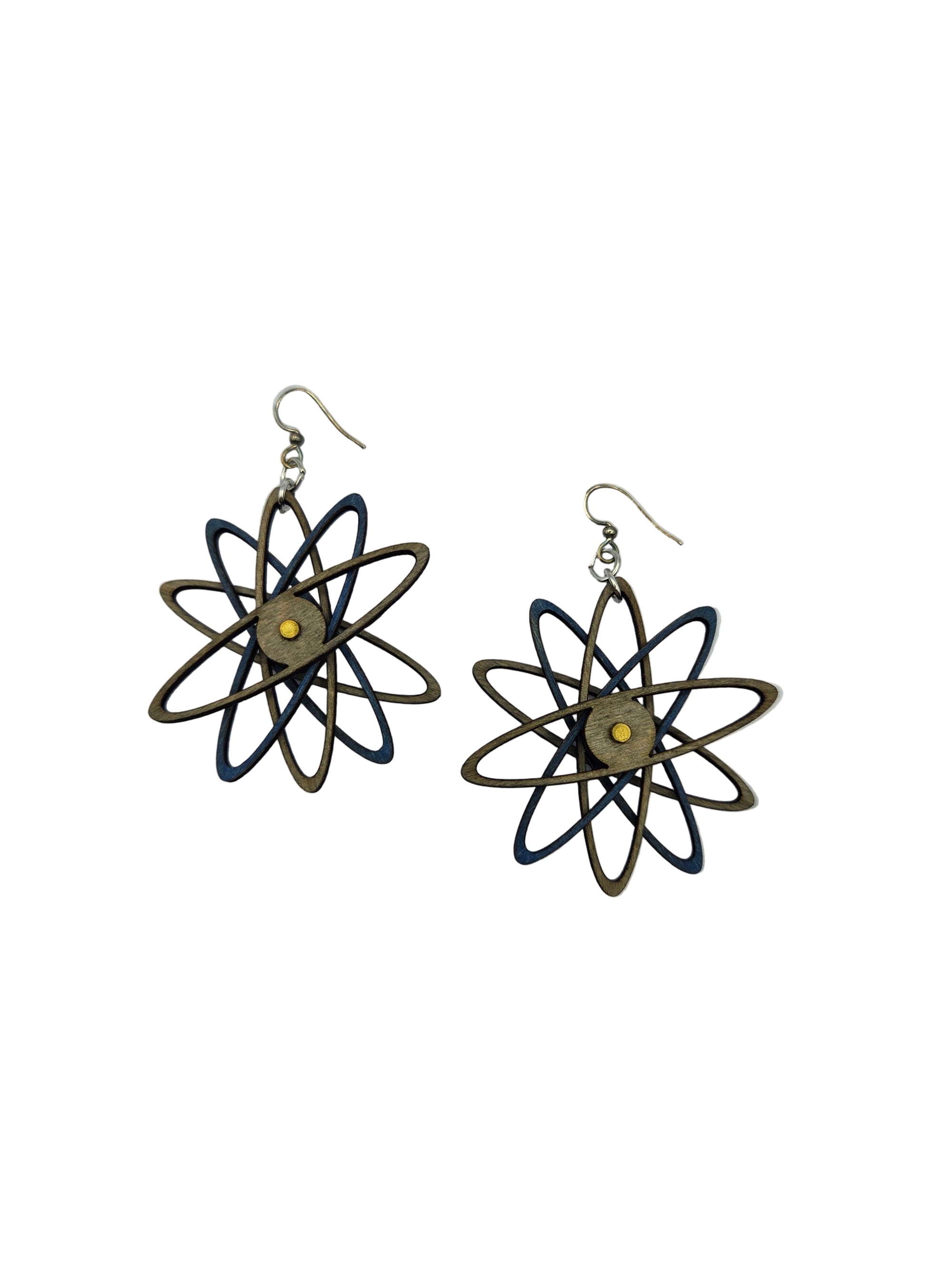 Pair of atom-shaped earrings on a white background