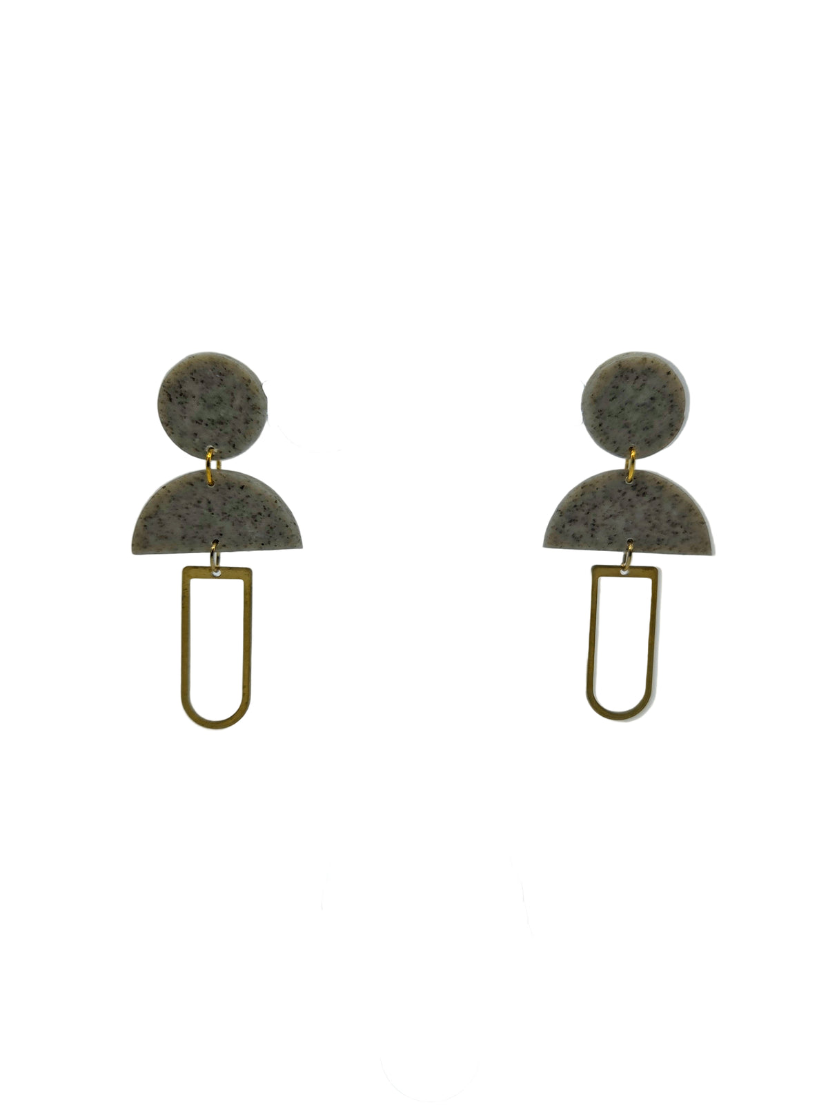 pair of grey circle with a hanging half circle clay earrings