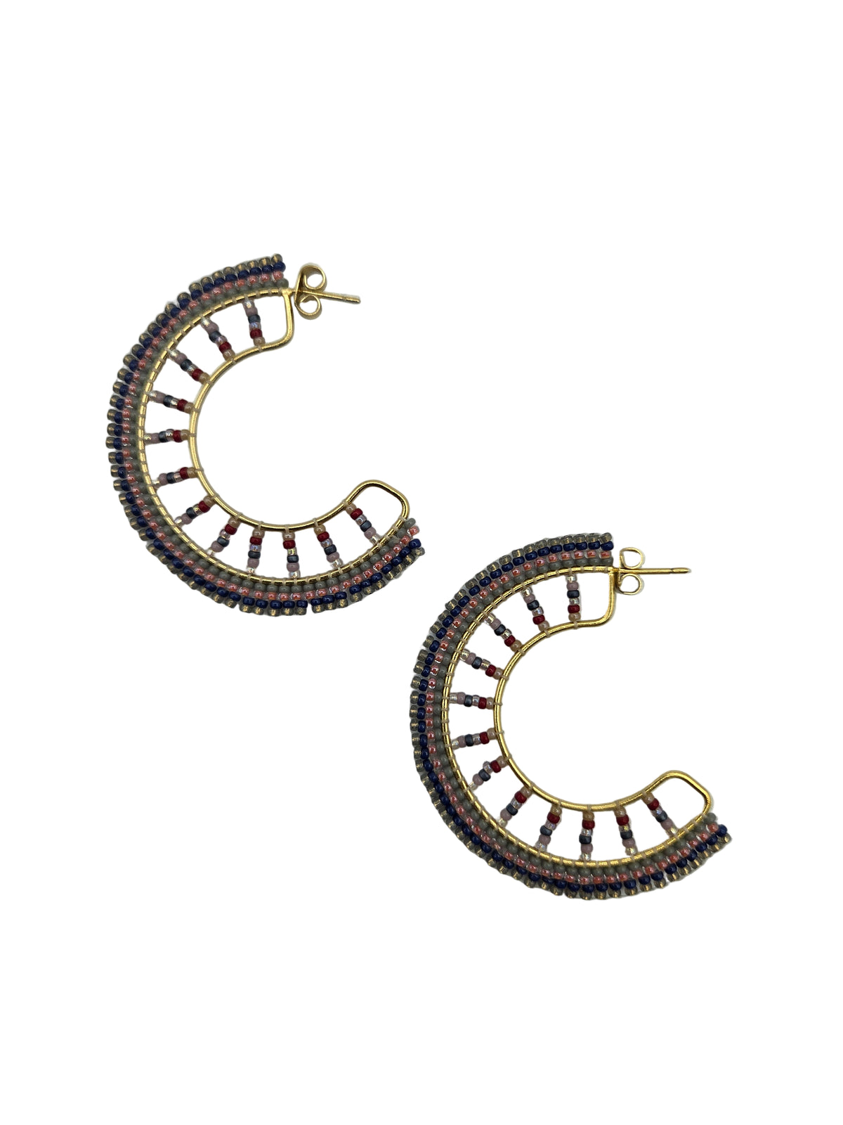 Pair of gold beaded hoop earrings with a white background