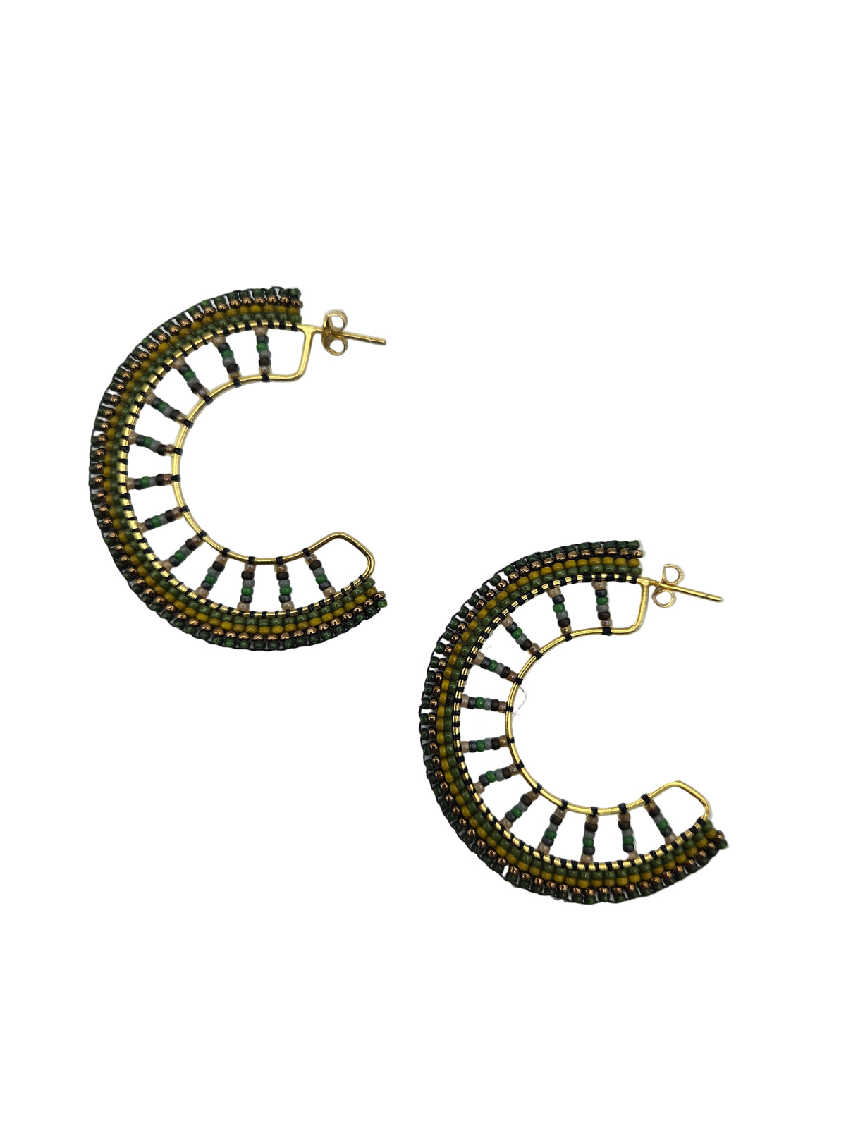 Pair of gold and green beaded earrings on a light gray background