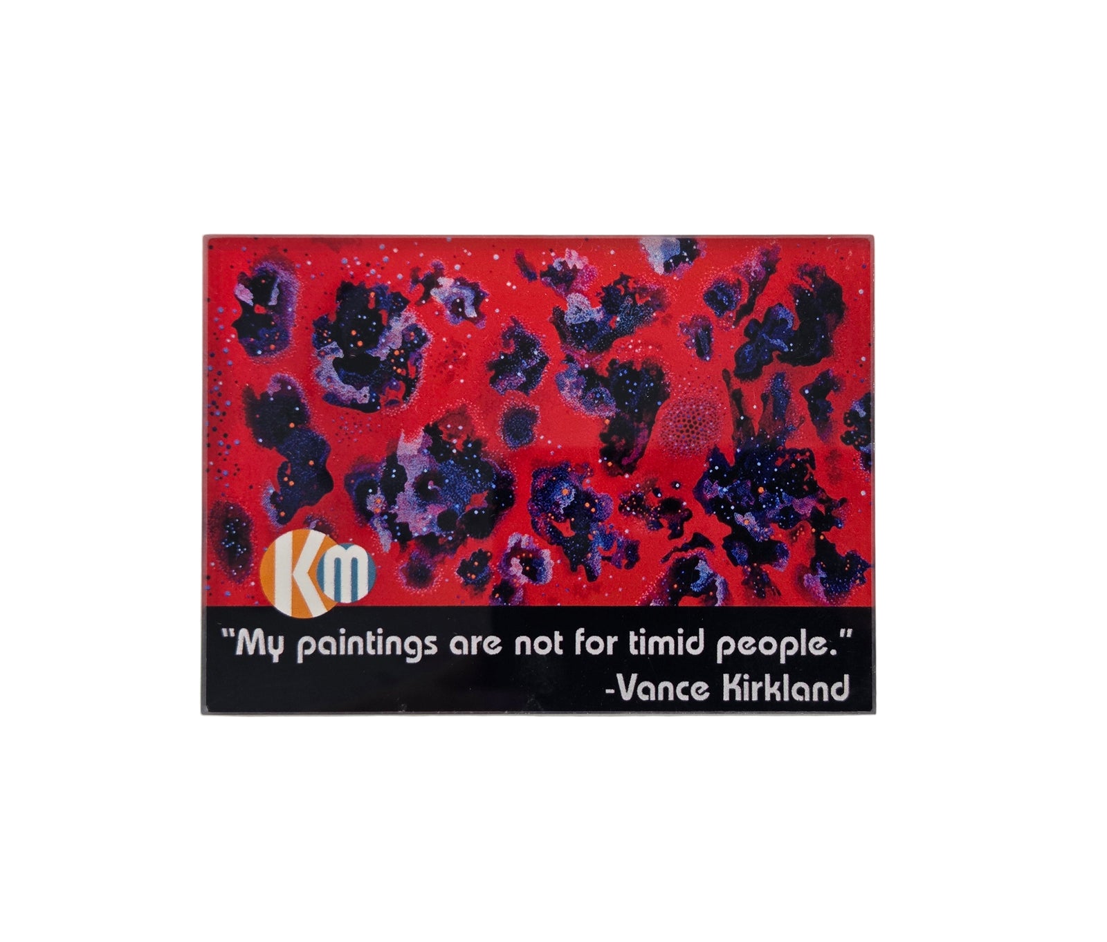 abstract purple and black design on a red background, featuring a quote by Vance Kirkland.