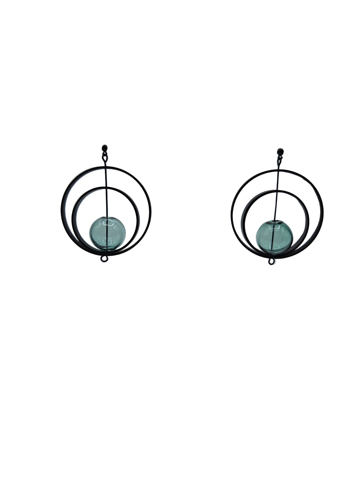 Pair of earrings with circular design and teal glass orb on a white background