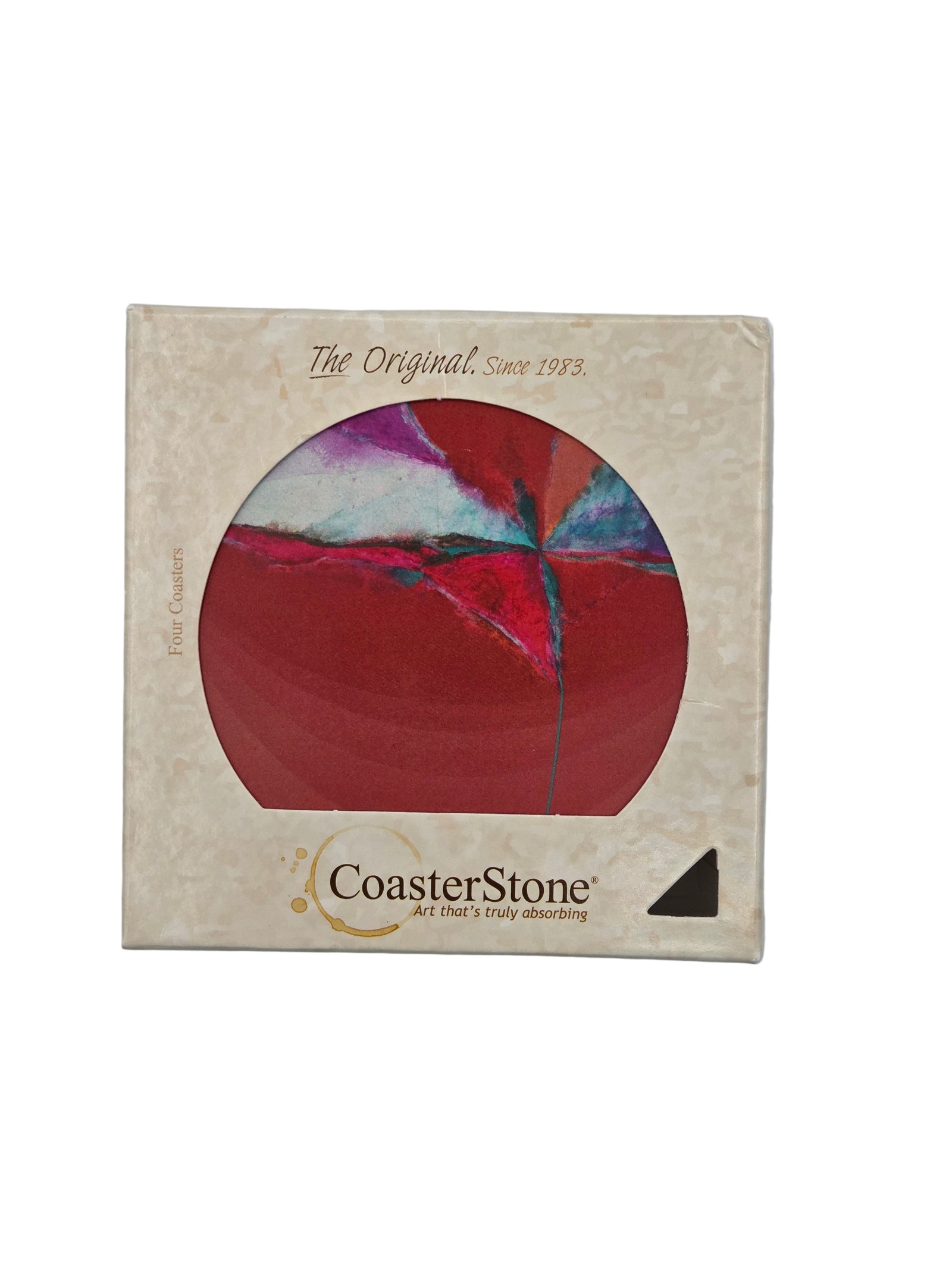 CoasterStone product packaging with colorful coaster inside on a white background