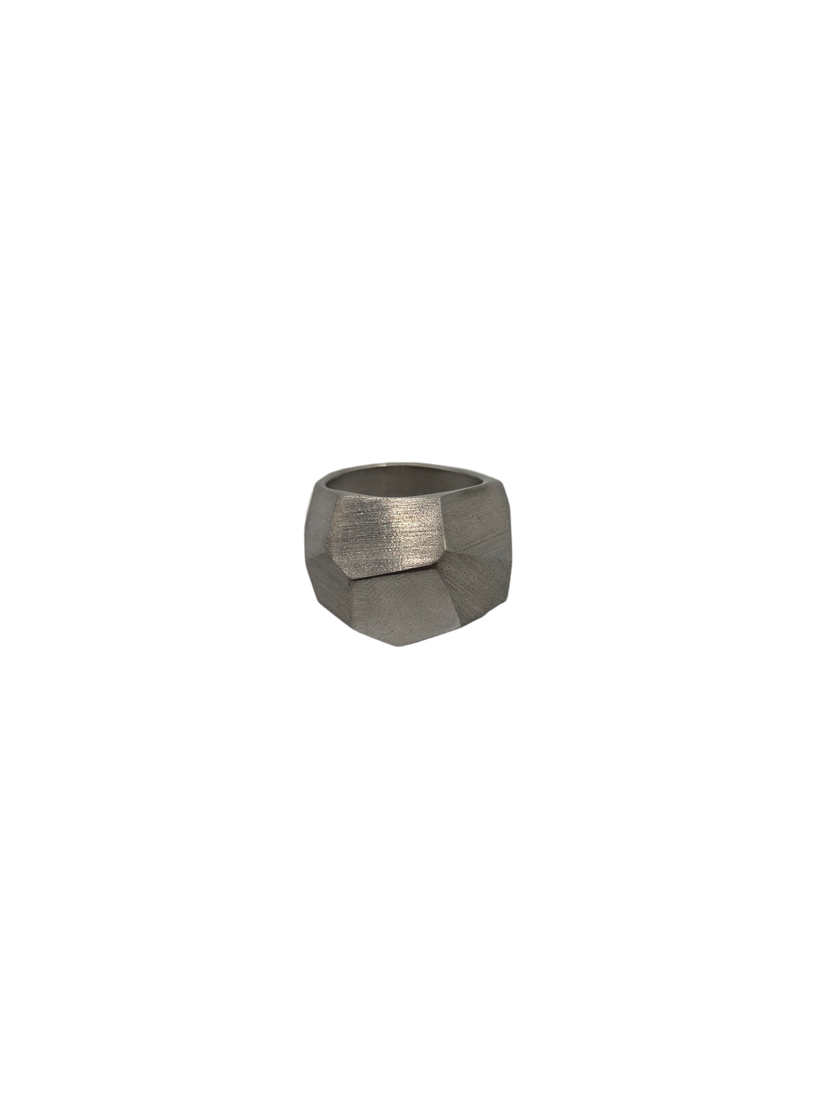 geometric silver ring on a white background