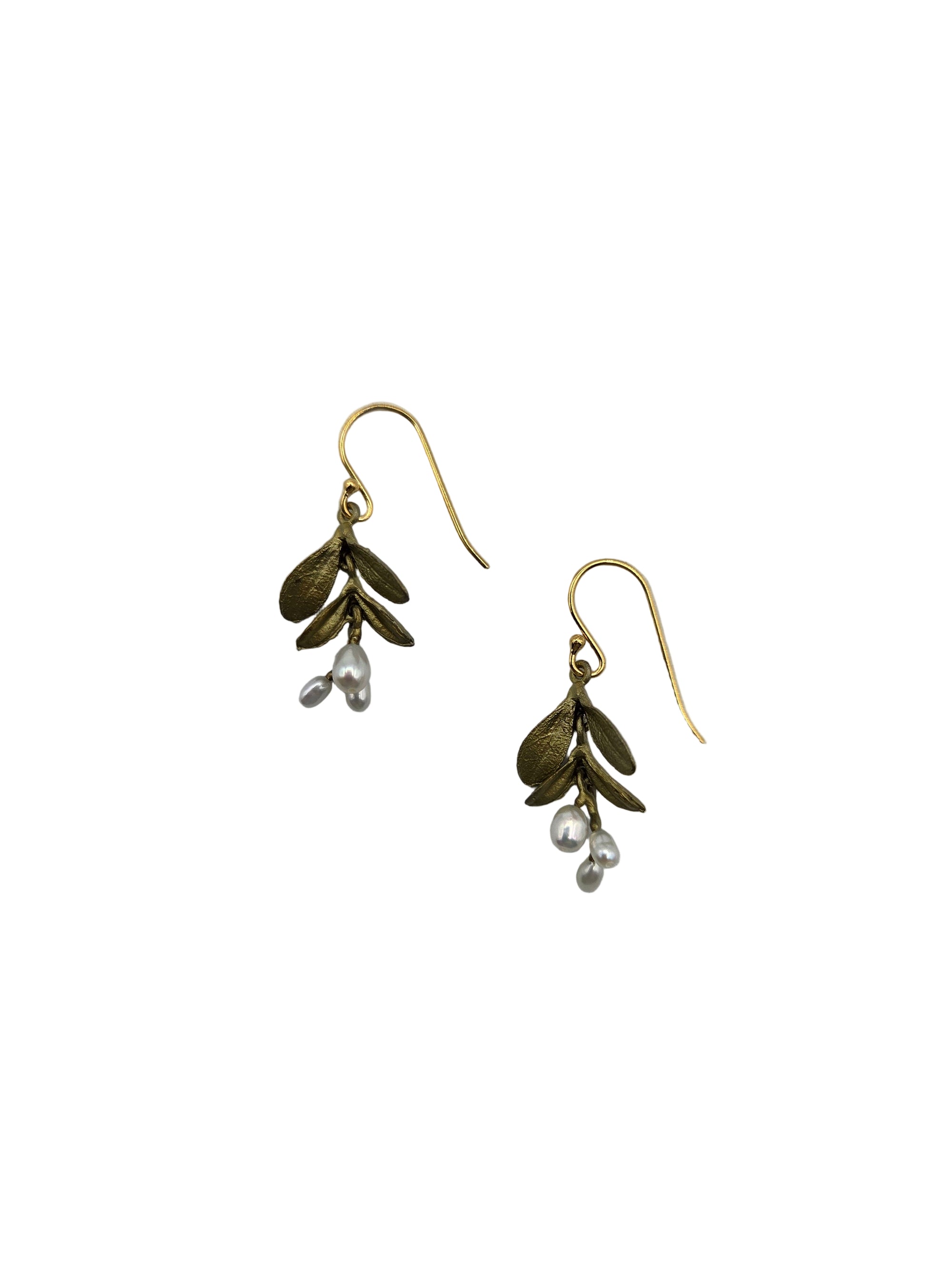 Pair of bronze earrings with leaf and pearl design