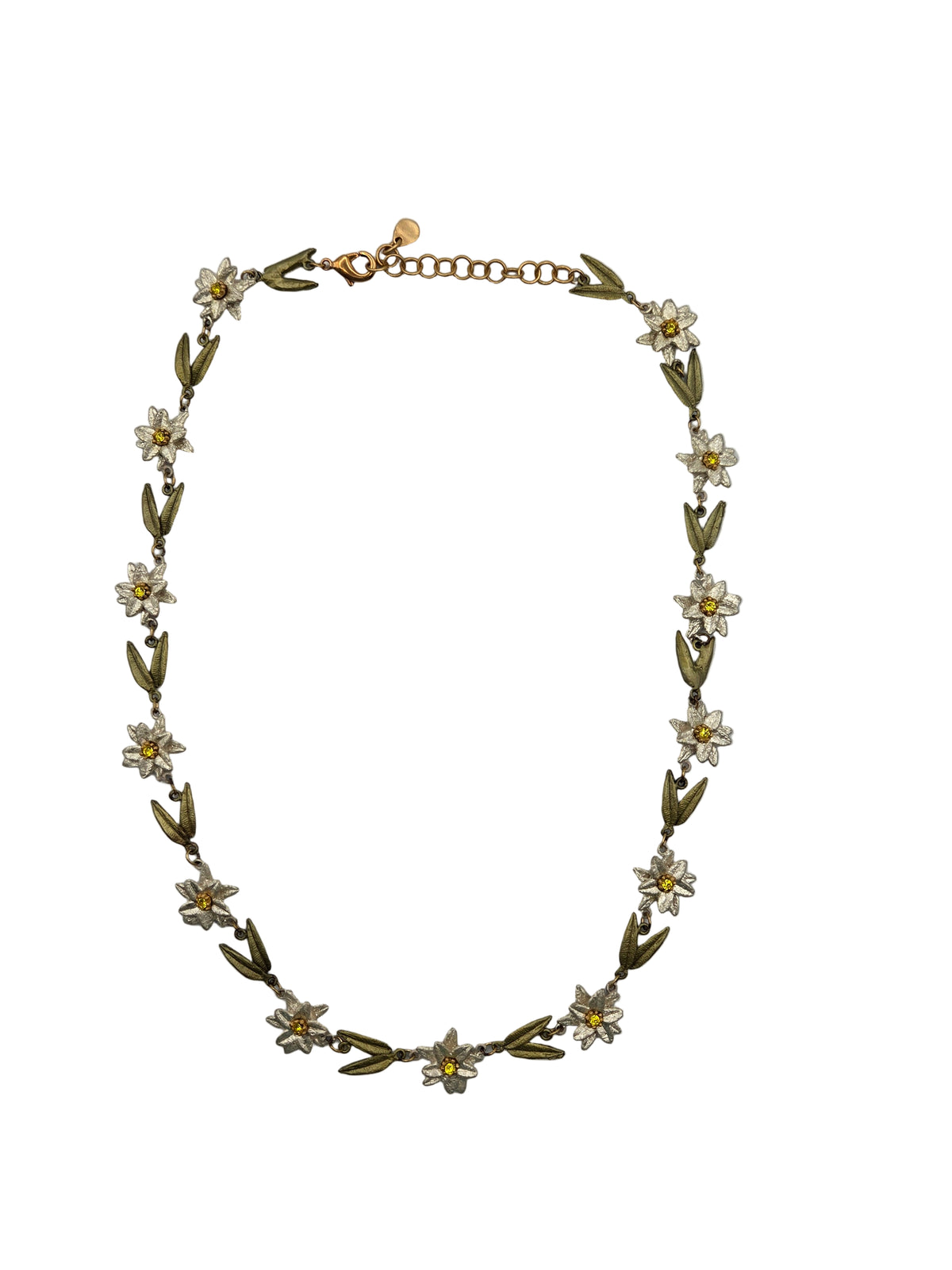 Floral necklace with gold chain on a white background