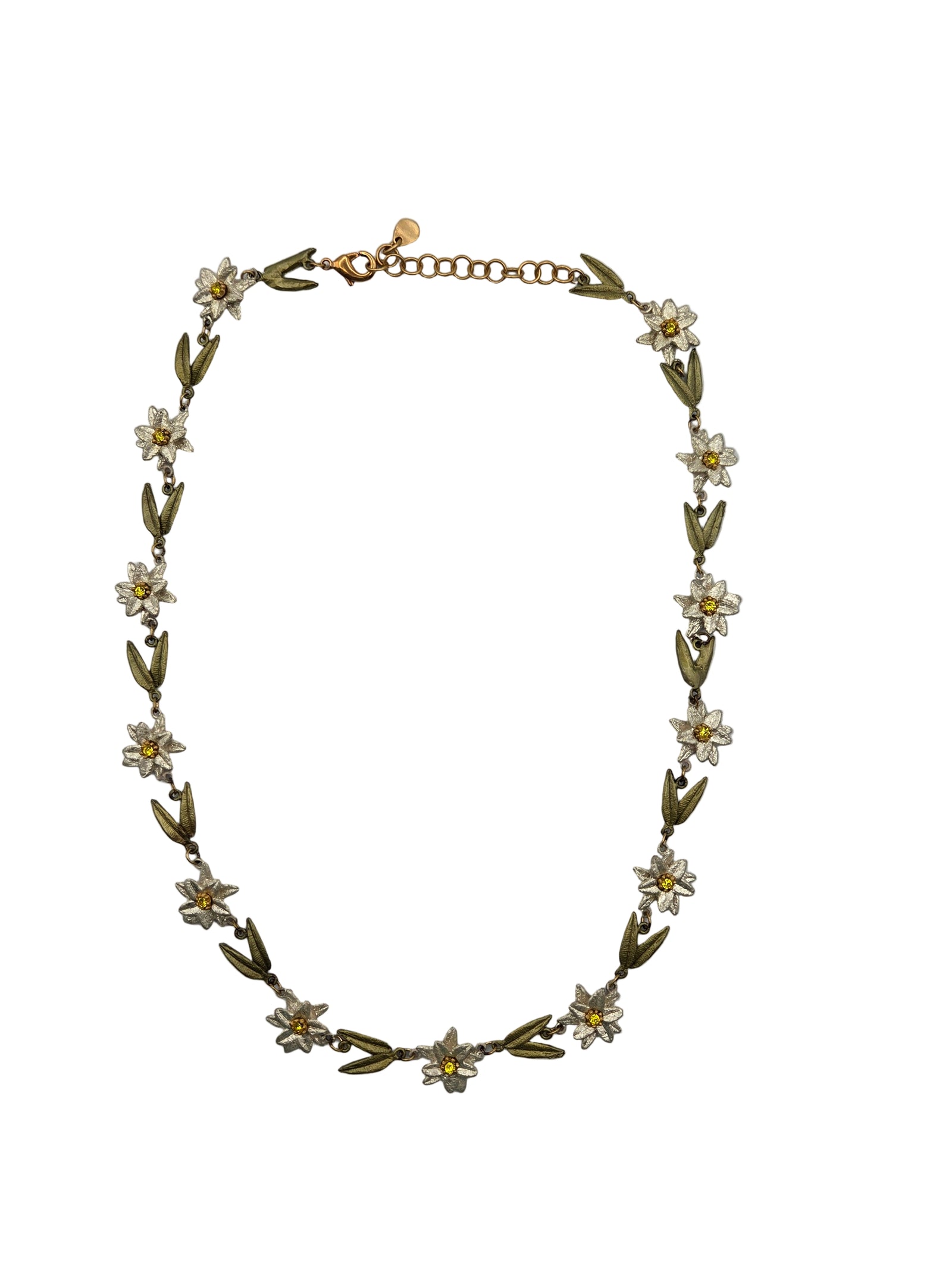 Floral necklace with gold chain on a white background