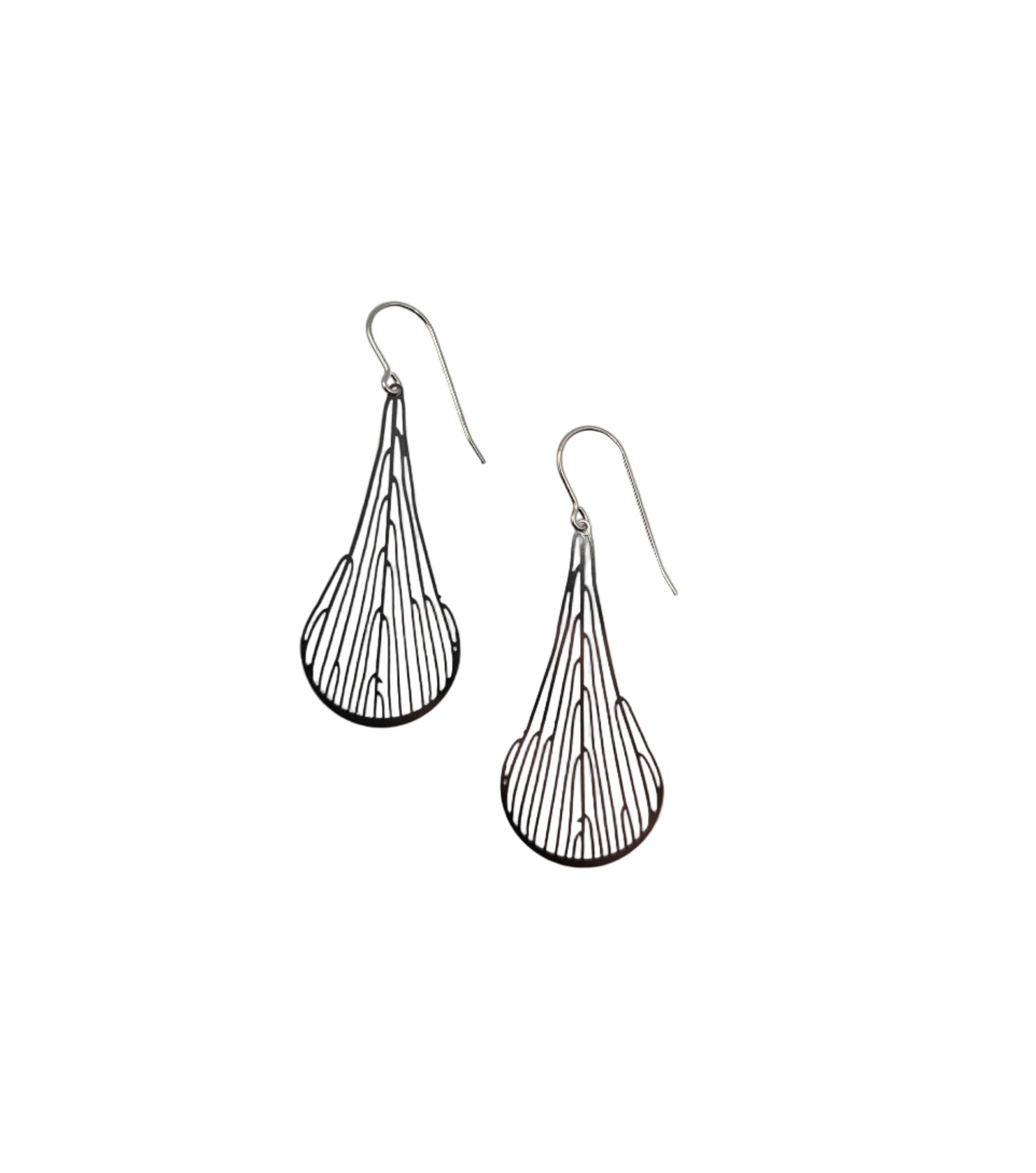 Pair of silver teardrop wire earrings on a white background