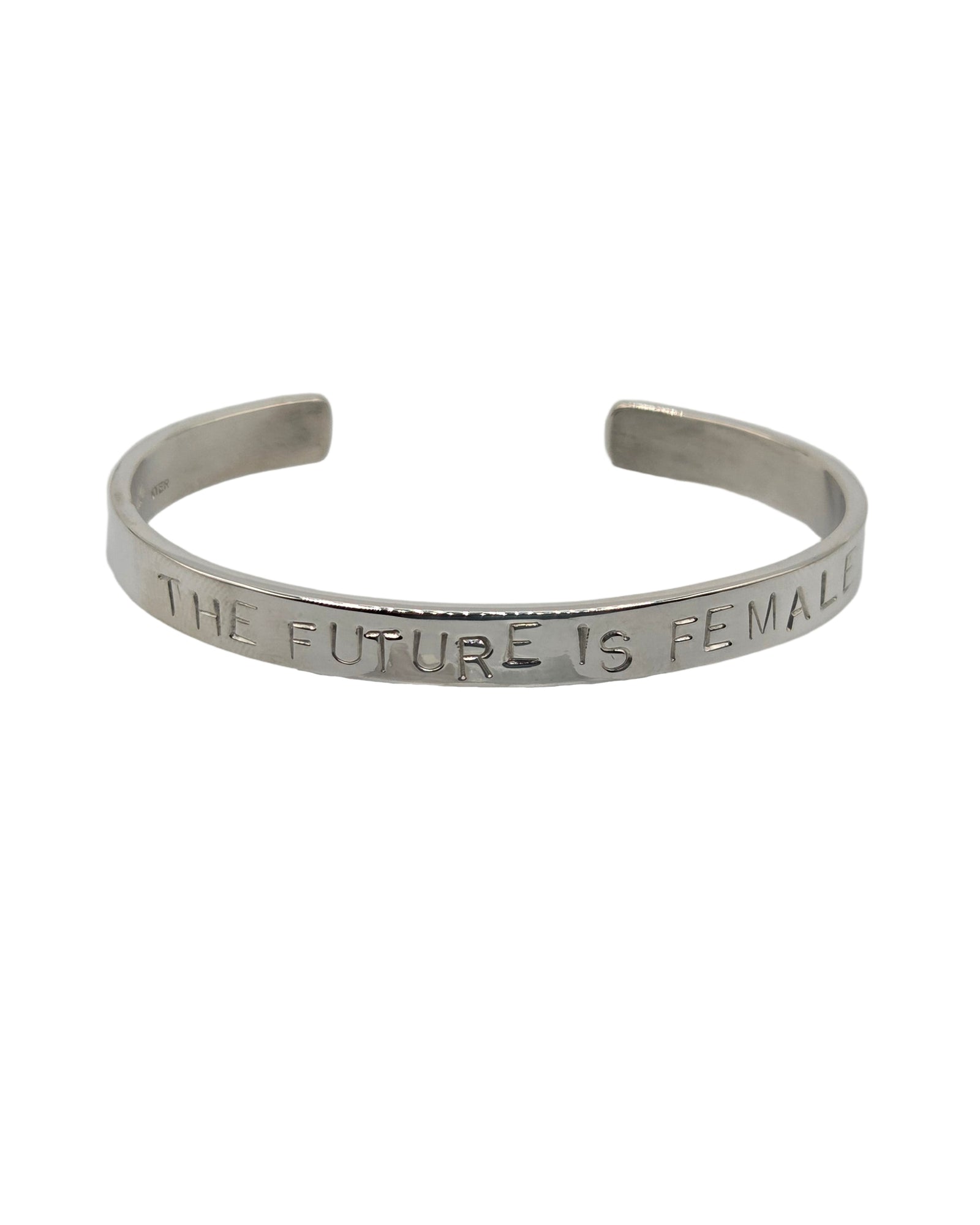 Silver bracelet with 'The Future is Female' engraving on a white background