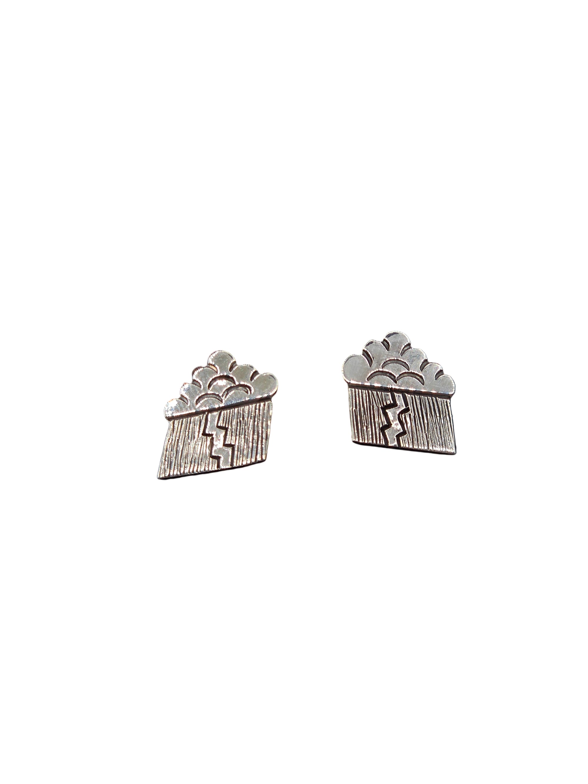 Silver earrings of rain clouds with lightening 