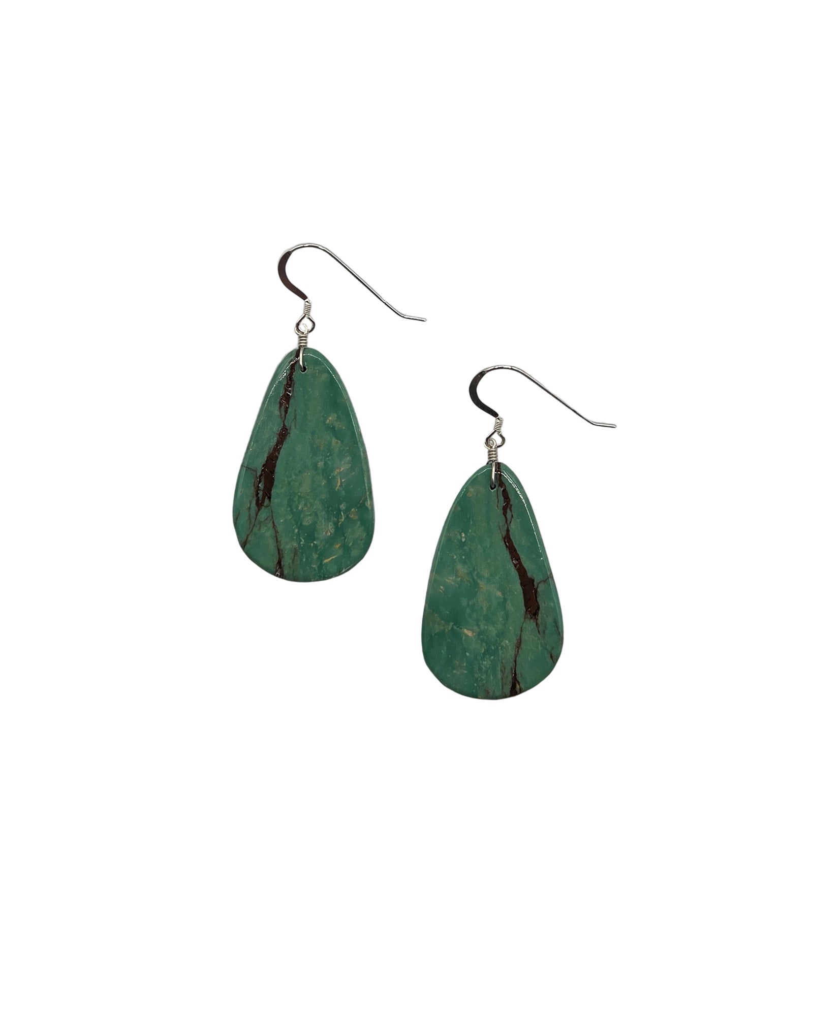 Green teardrop earrings on a white background