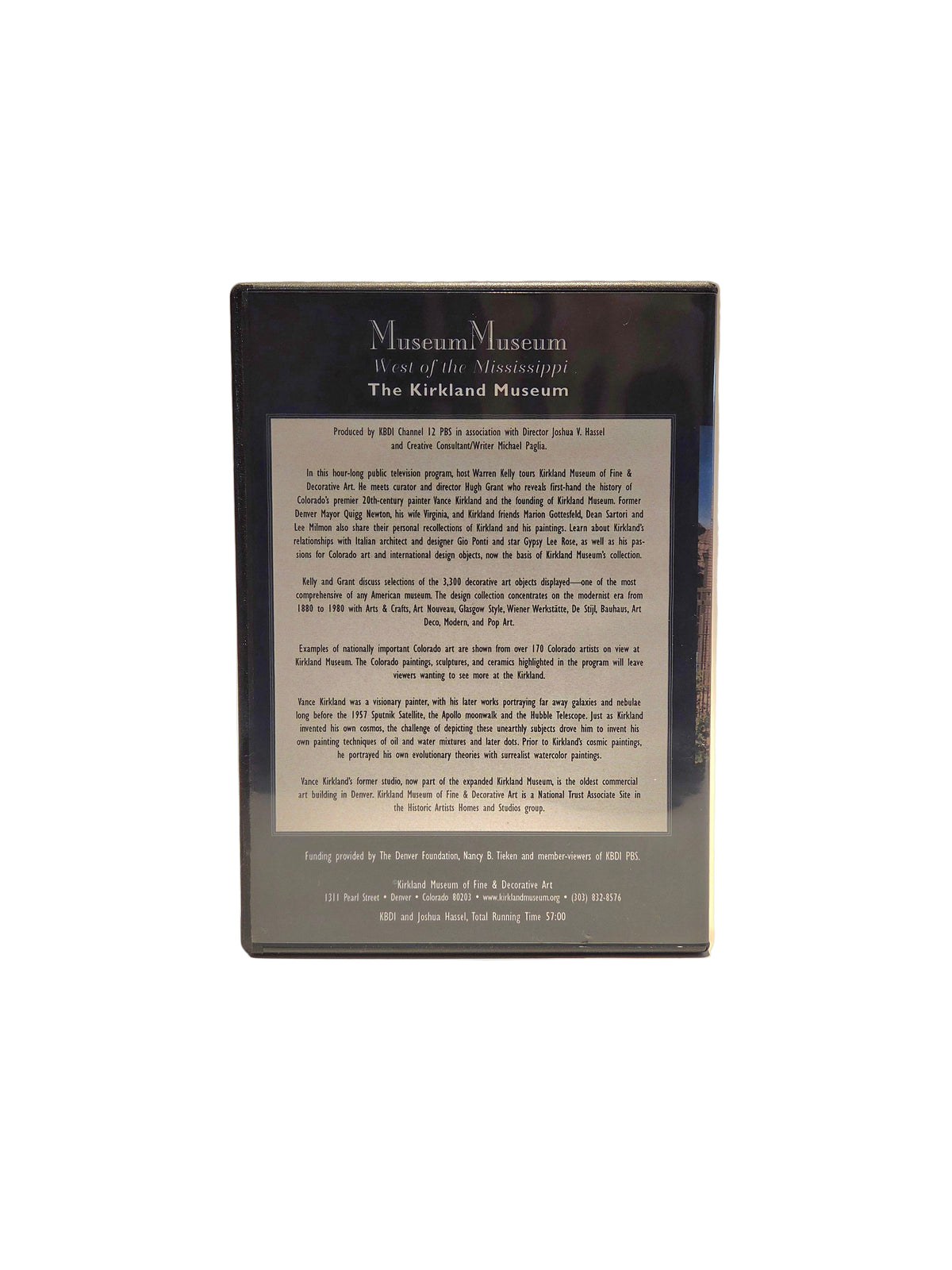 Back of a DVD case describing the Kirkland Museum