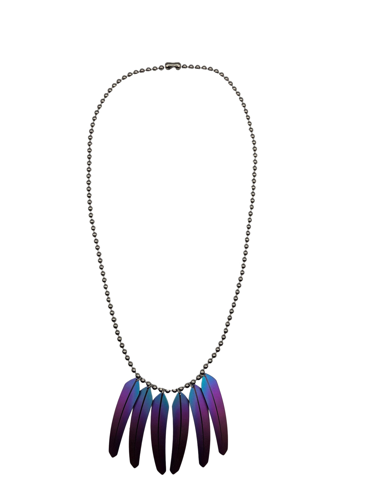 Necklace with colorful feather-like pendants on a white background