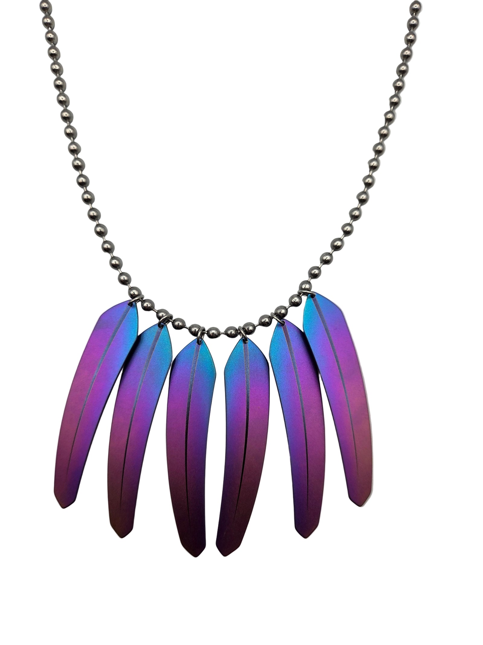 Necklace with colorful feather-shaped pendants on a white background