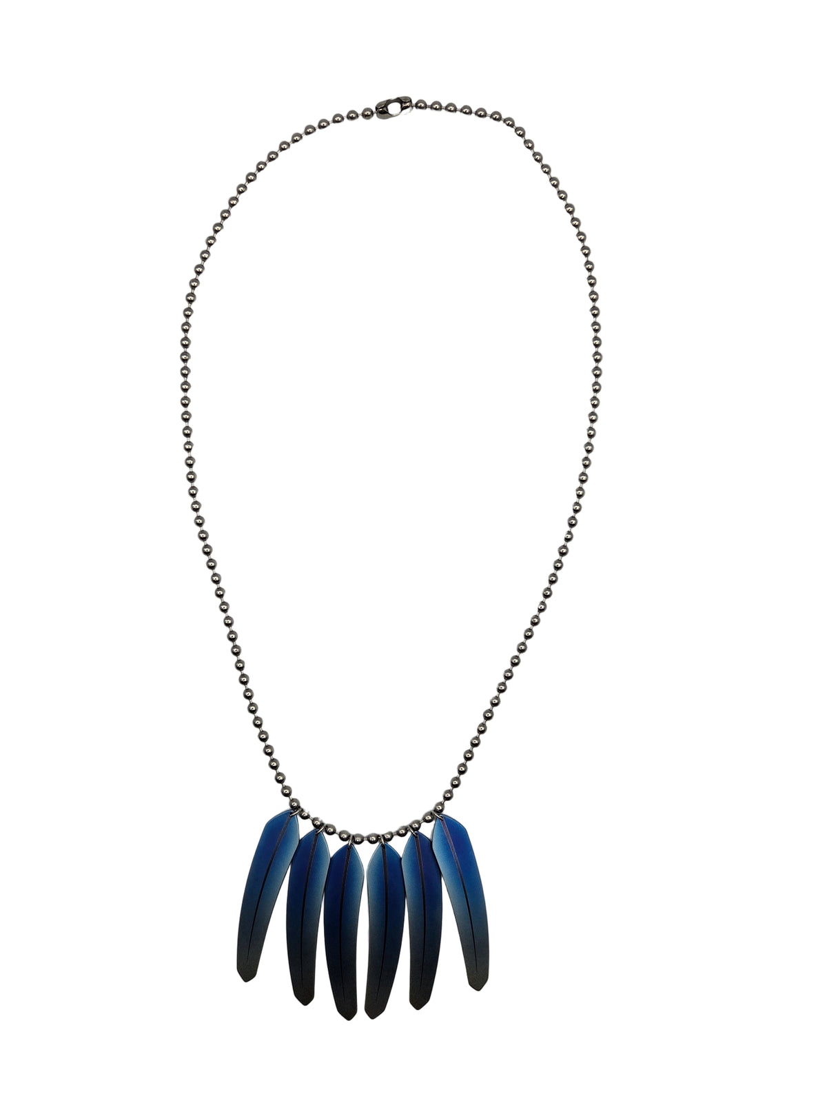 Necklace with blue feather-like pendants on a white background