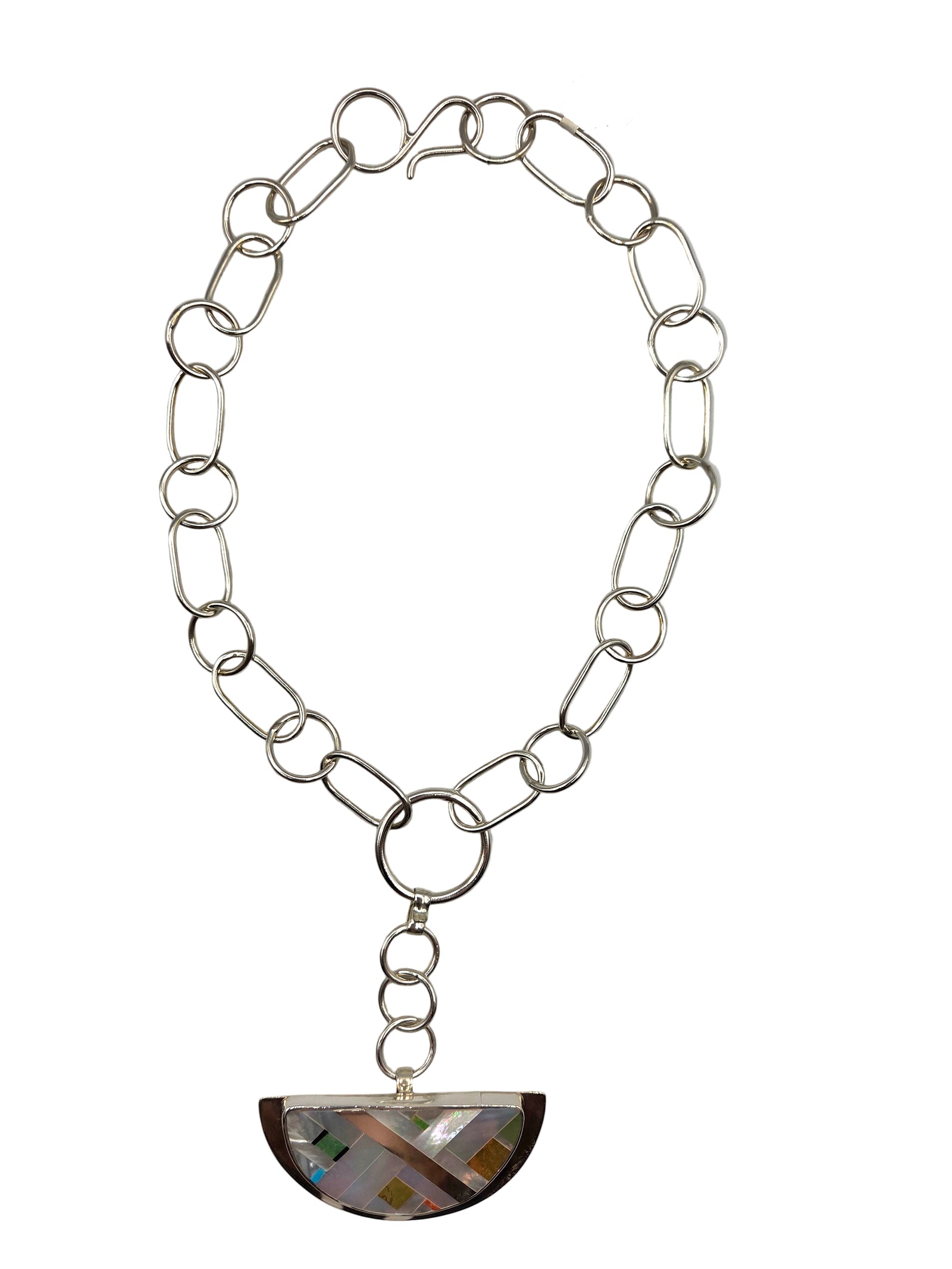 Silver chain necklace with a semi circle pendant 