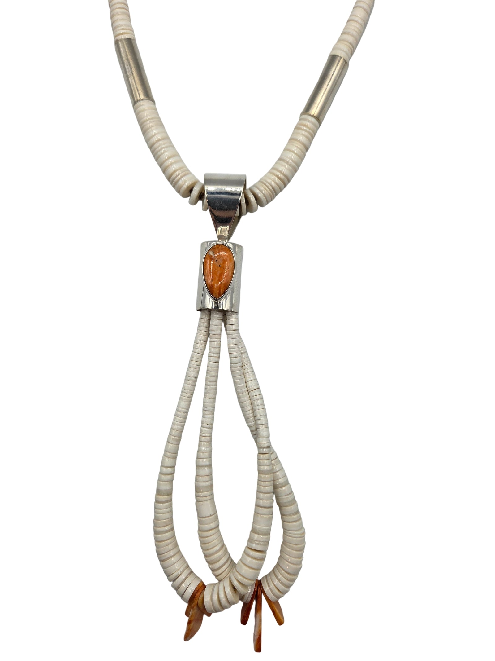 Necklace with white beads and silver clasp with orange stone on a white background