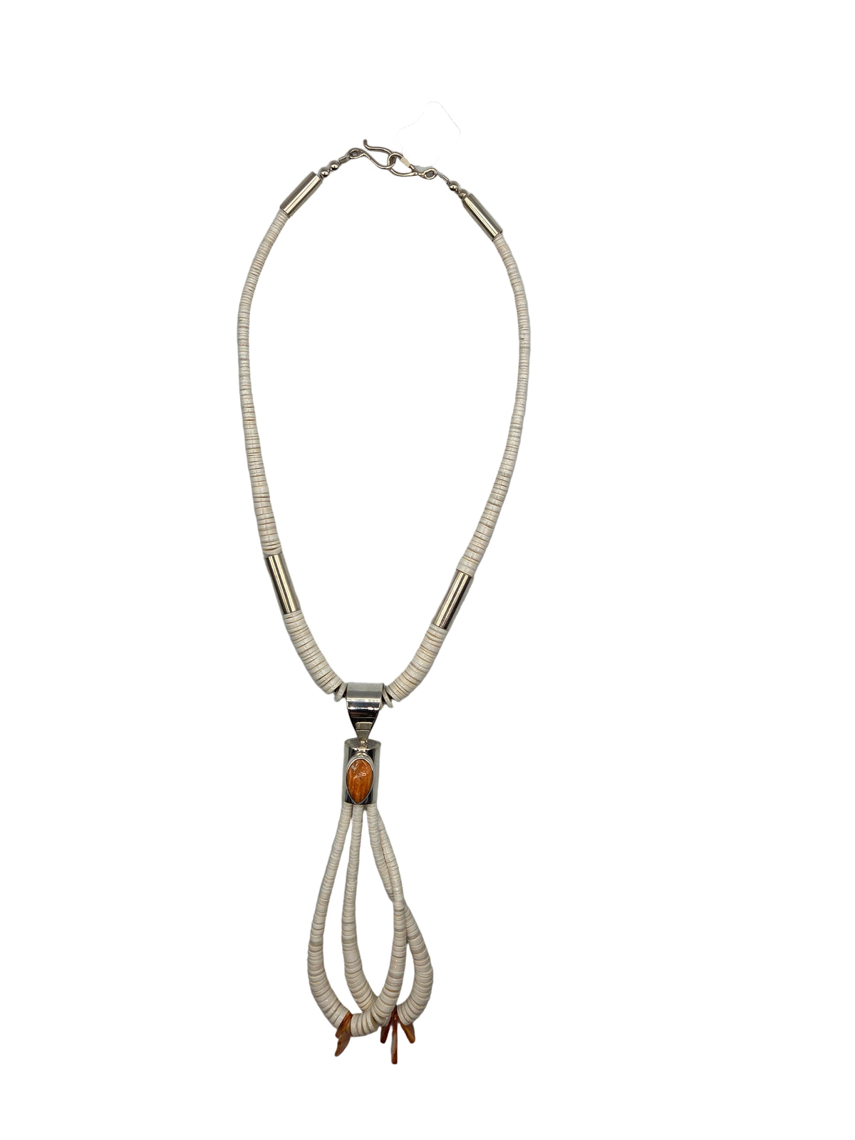 Necklace with white beads and silver clasp with orange stone on a white background