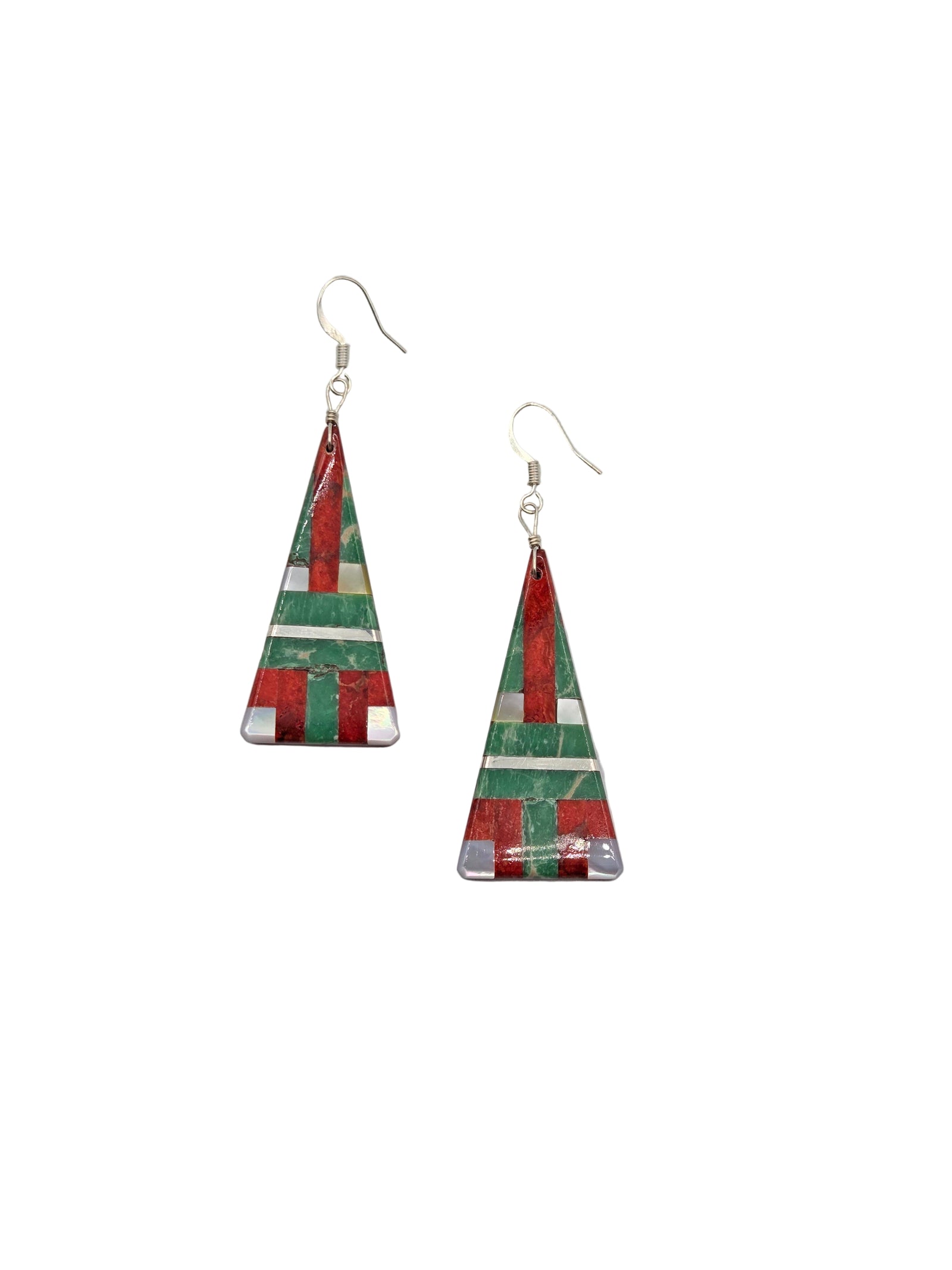 Triangular earrings with red and green pattern on a white background