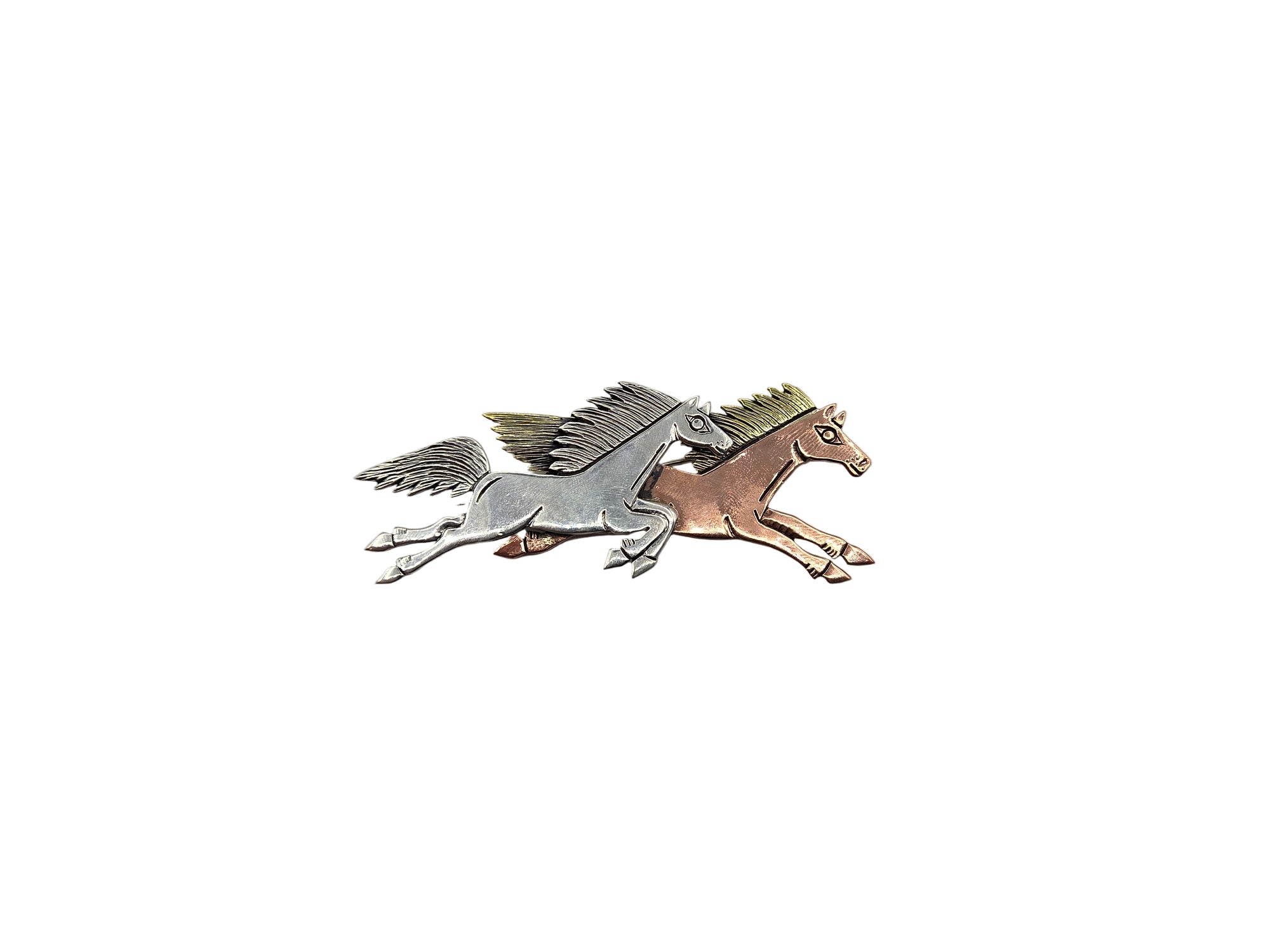 Silver and copper horse figurine on a white background