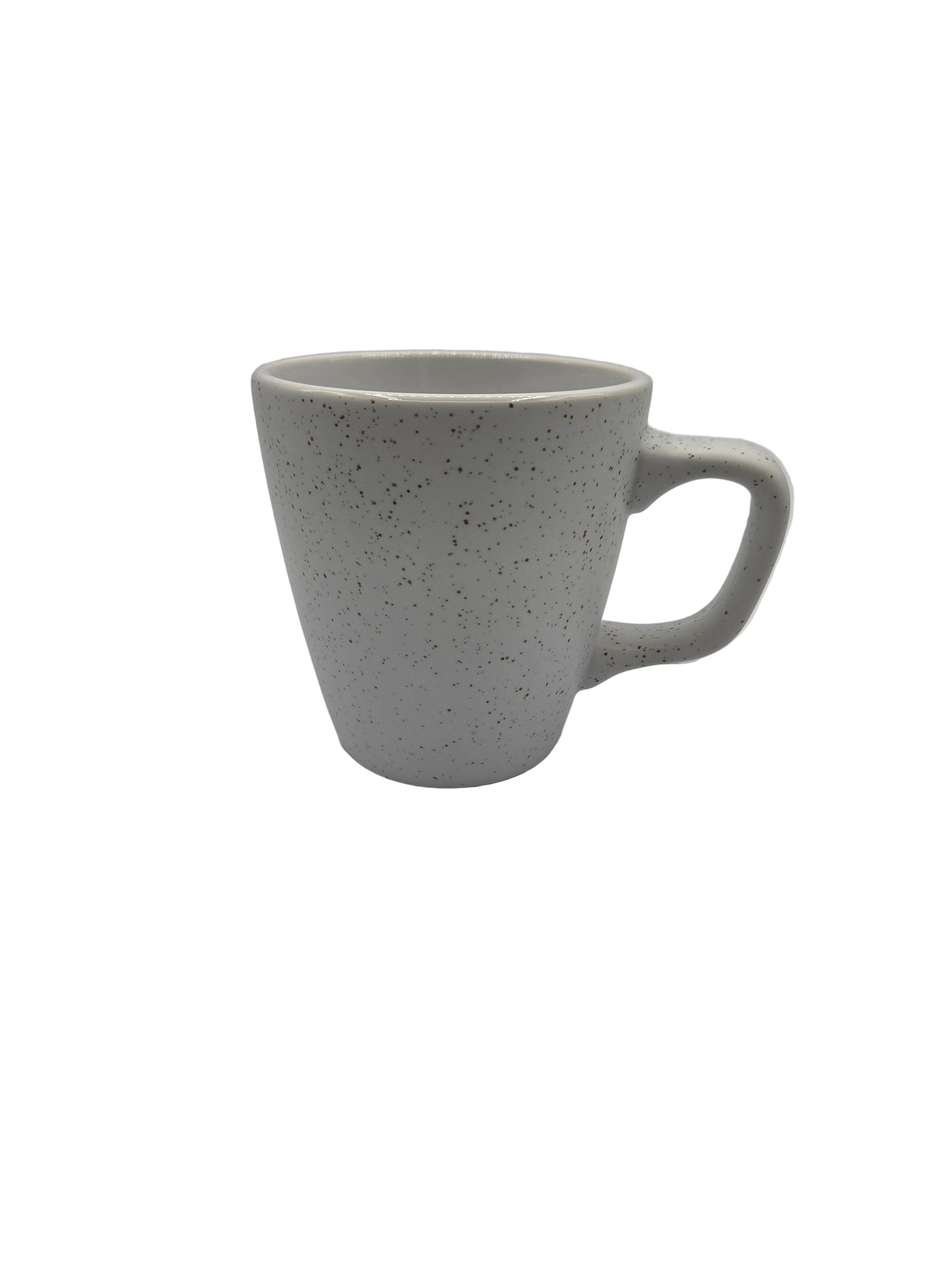 Speckled white ceramic mug on a white background
