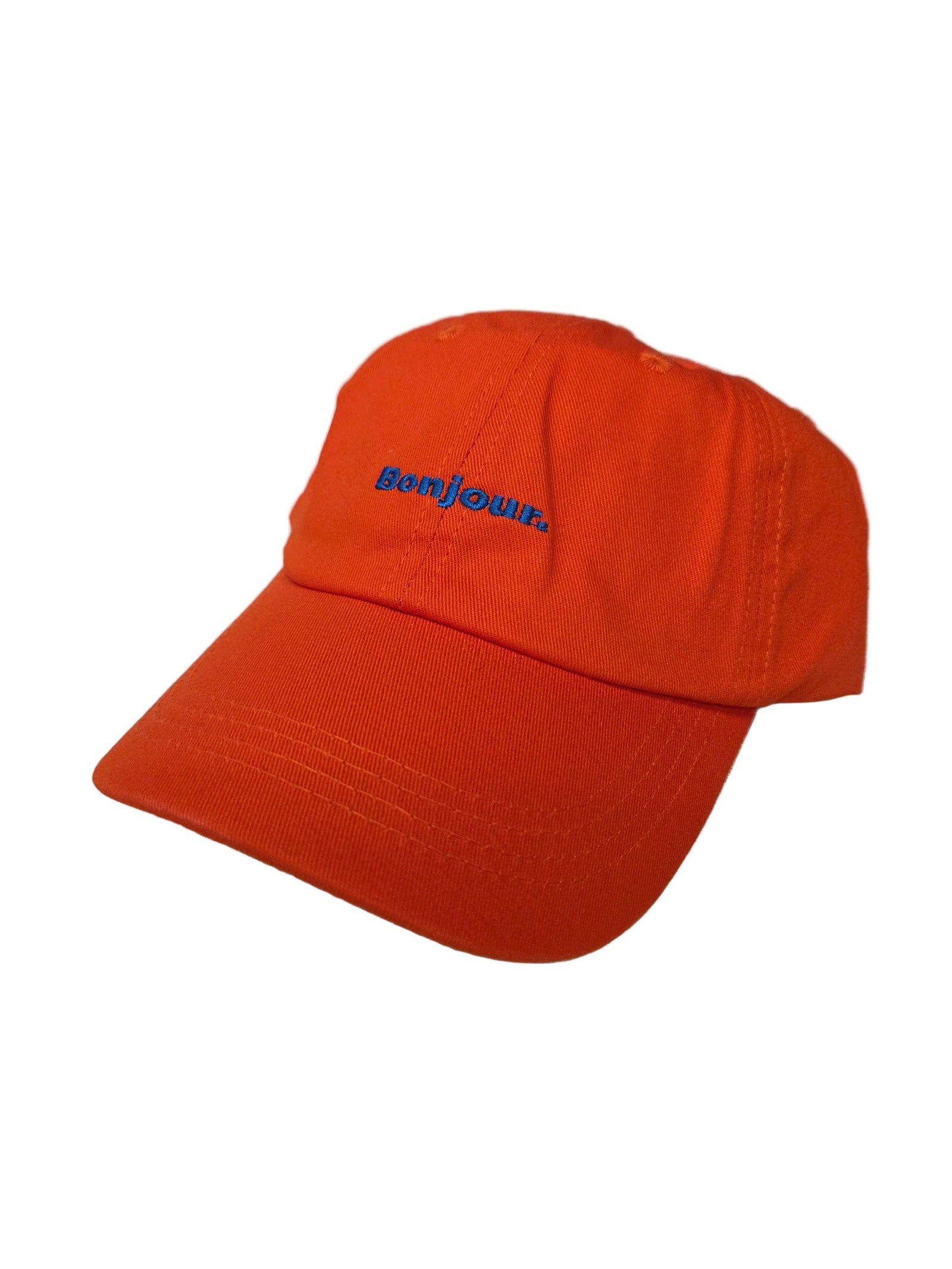 Orange cap with a blue Bonjour embroidered letters